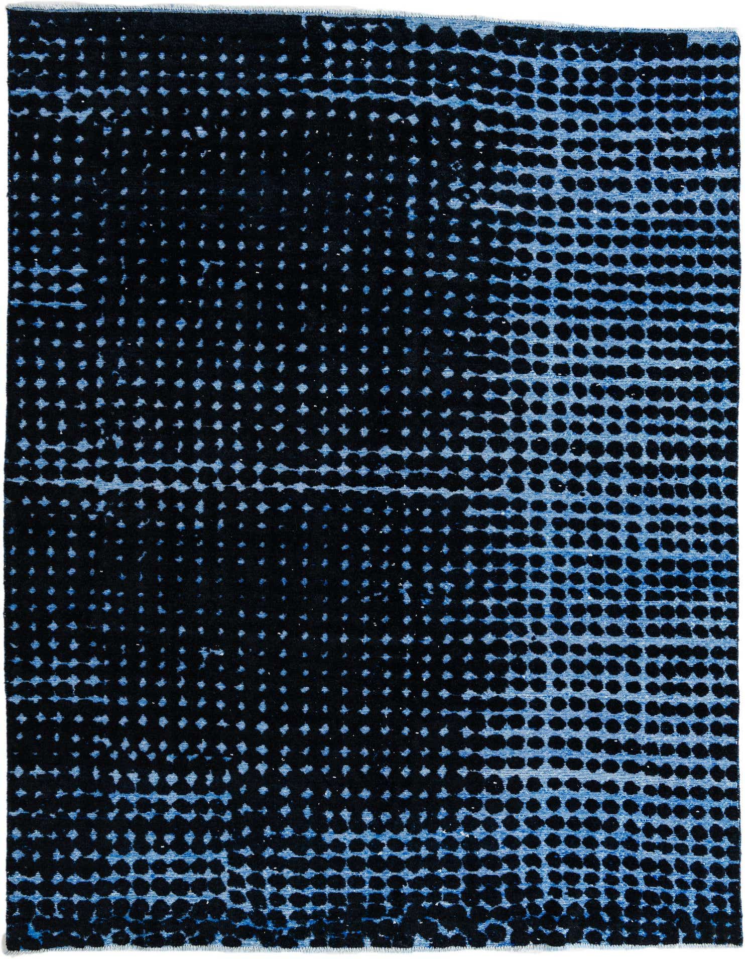 A rectangular 8x10 Darya Collection rug in black and blue, featuring an abstract, modern dotted pattern, handmade from 100% wool.