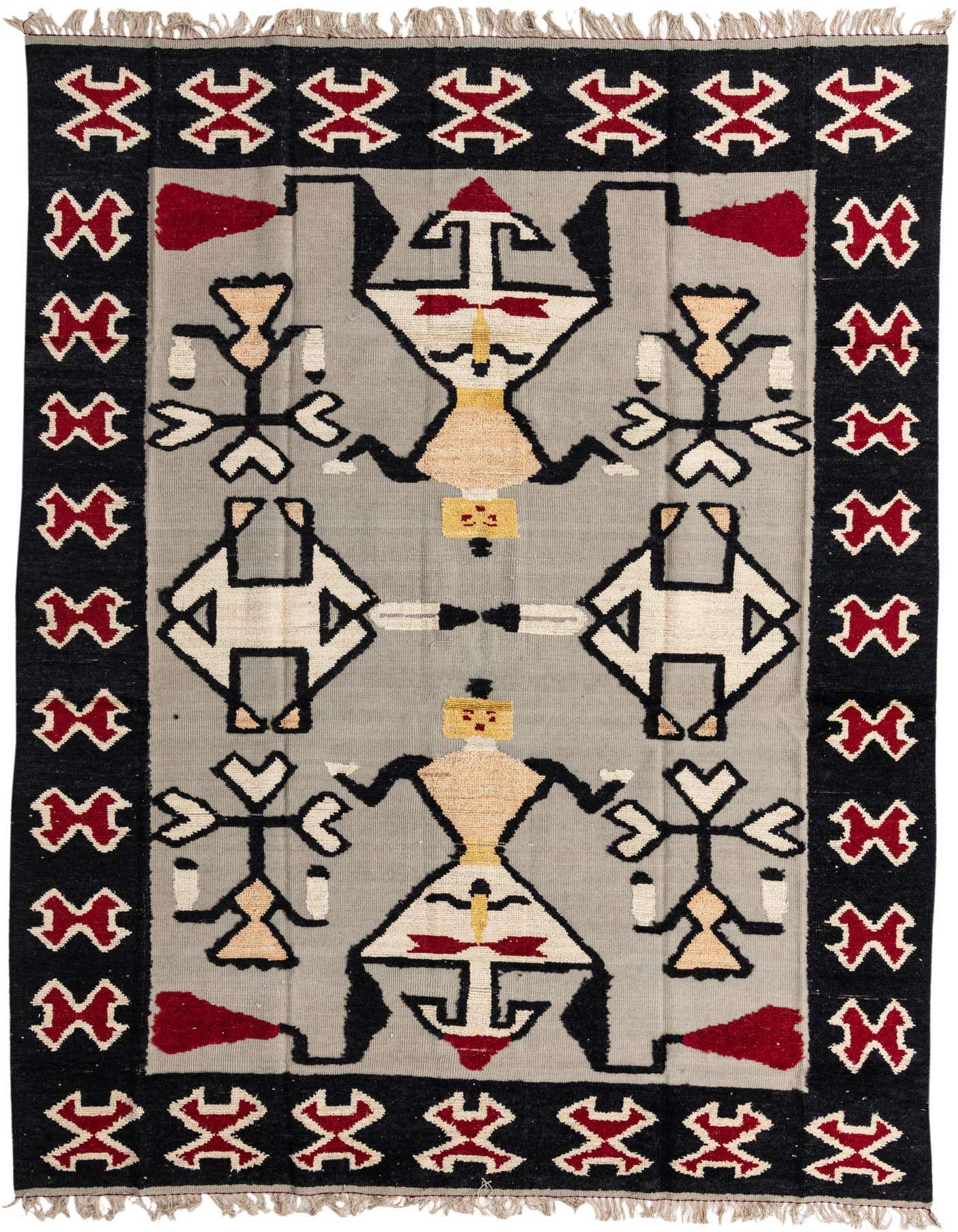 A 9x12 rectangular Darya rug with a modern abstract pattern in black, grey, red, and cream, featuring stylized human-like figures and geometric shapes.