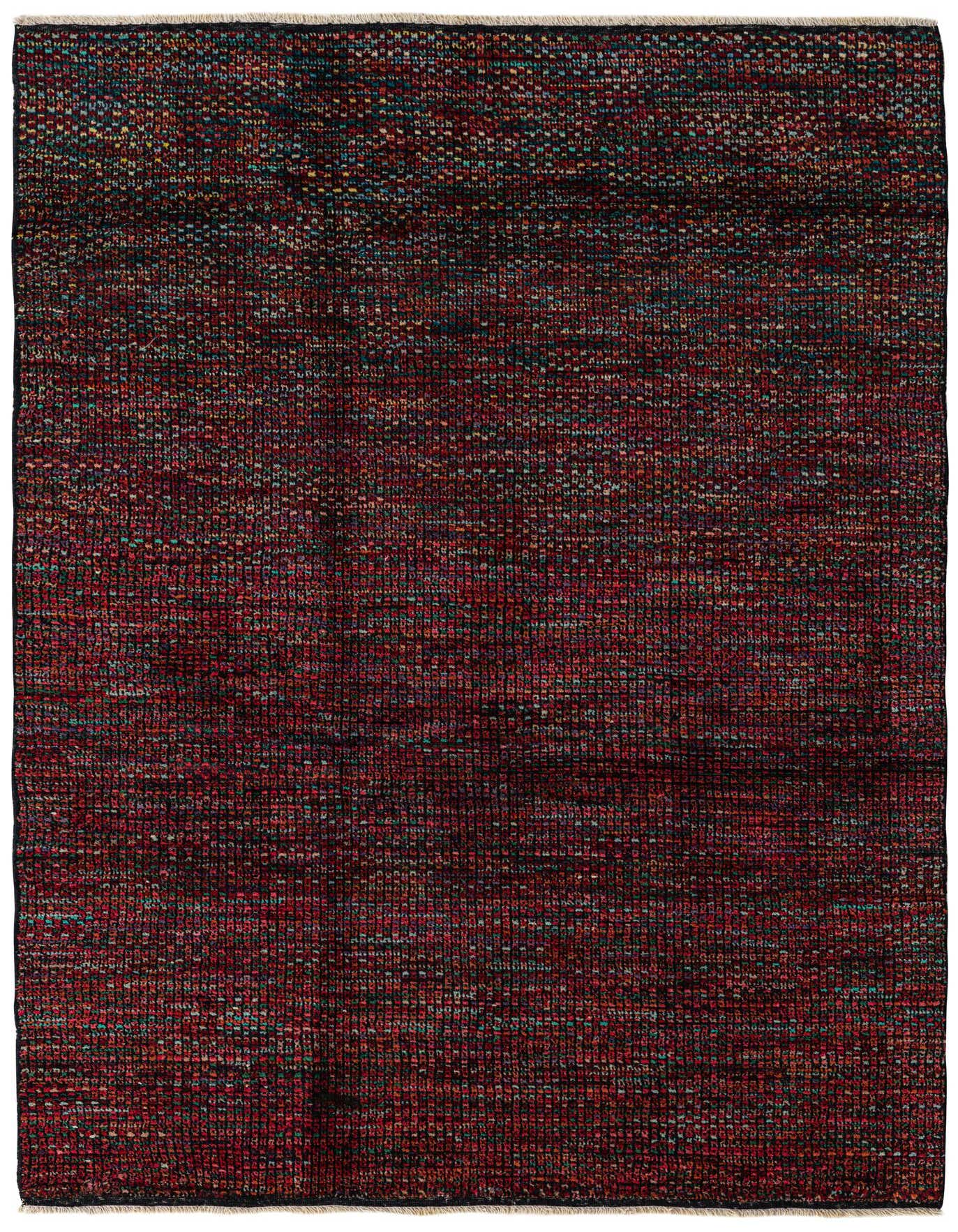 A rectangular 5x8 Darya Collection rug in black, featuring a modern, abstract pattern with subtle multicolored flecks, suitable for a living room.