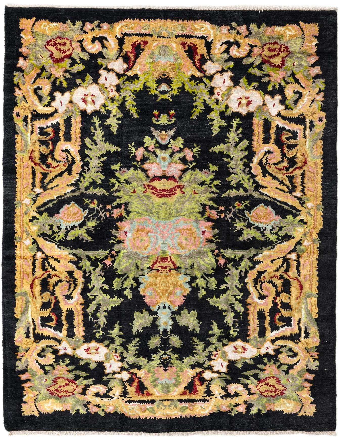 A 5x8 rectangular Darya rug in black with a modern medallion pattern featuring floral motifs in pink, green, and gold.