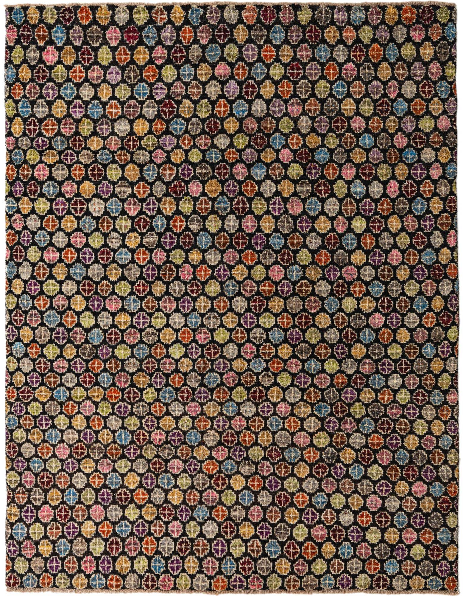 A rectangular 8x10 Darya rug with a modern, abstract pattern of colorful dots on a black background.