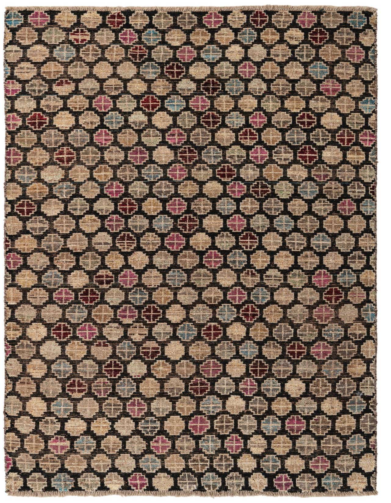 A 5x8 rectangular Darya rug with a modern abstract pattern of multicolored geometric shapes on a black background.