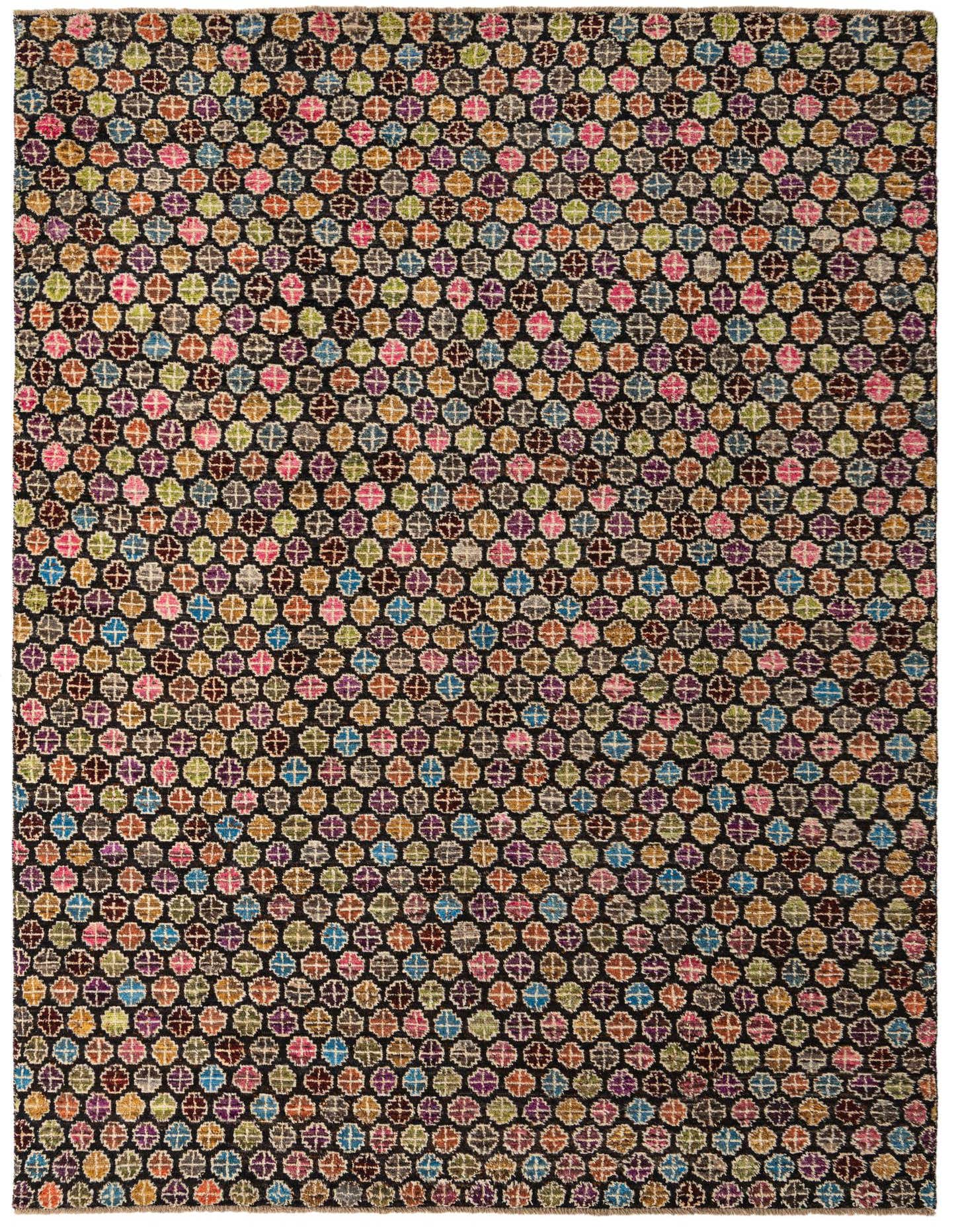 A 9x12 rectangular Darya rug with a black background and a vibrant, multicolored abstract pattern of small, interlocking circles.