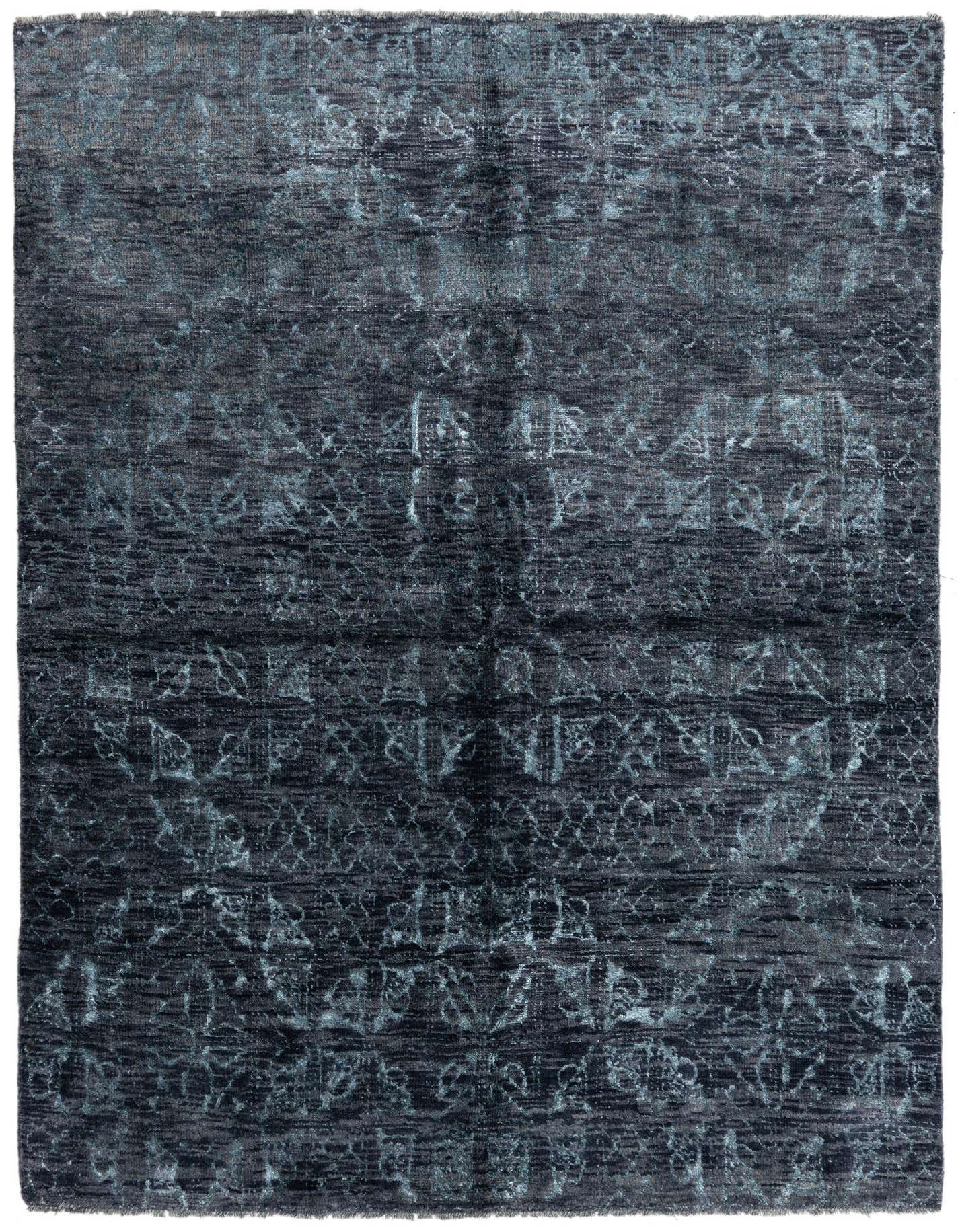 A 5x8 rectangular Darya rug in black with a distressed modern oriental abstract pattern, made of 100% wool.