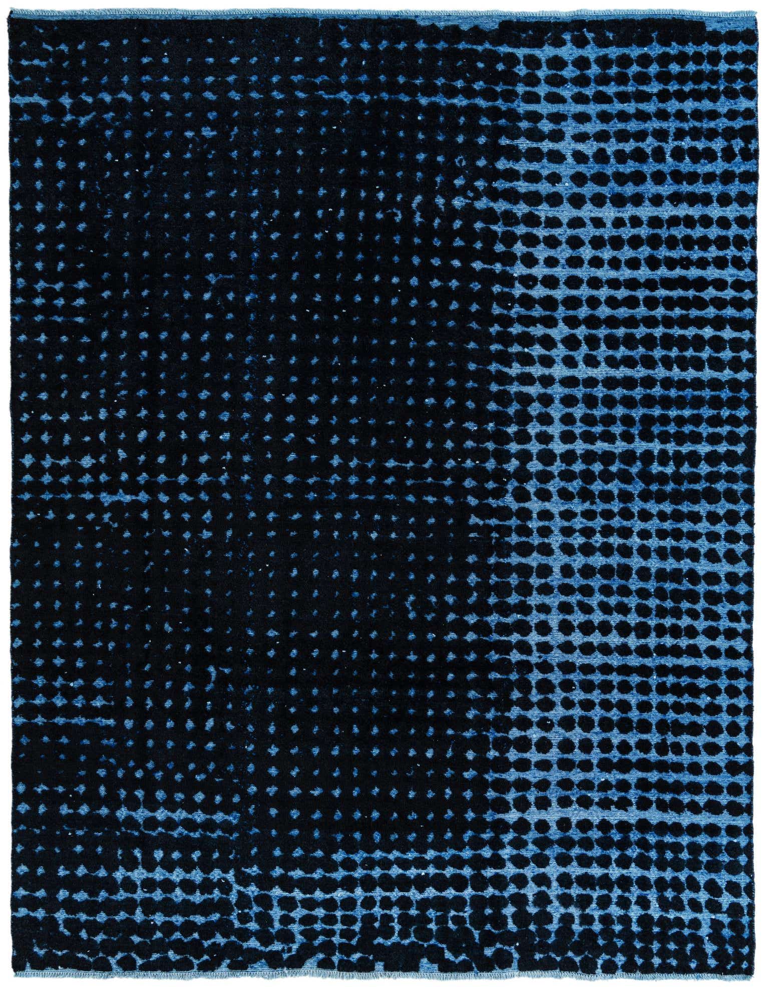 A rectangular 8x10 Darya rug in black and blue, featuring a modern abstract pattern with varying density of blue dots on a black background.