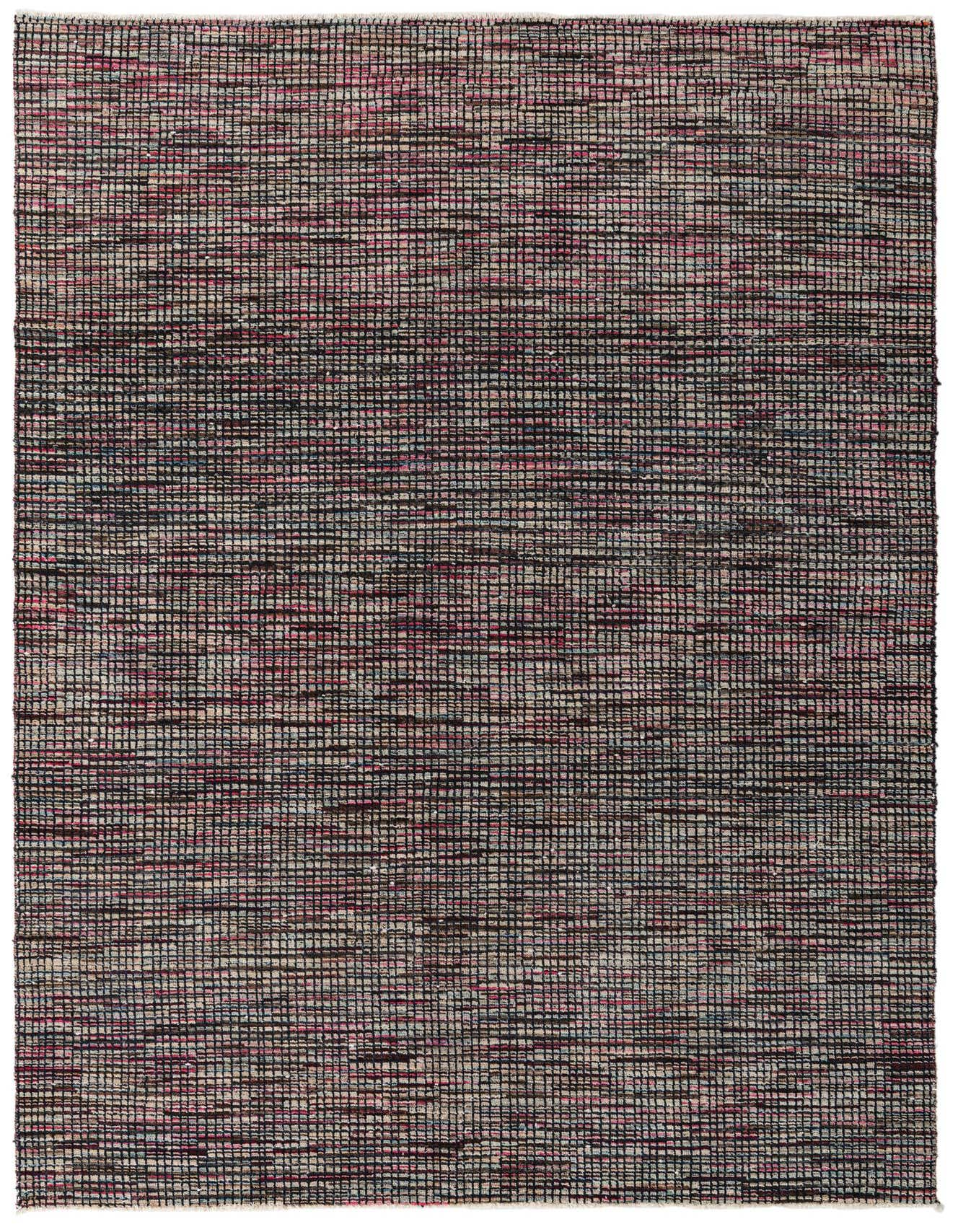 A 7x10 rectangular Darya rug with a modern abstract pattern in black, pink, and blue wool.