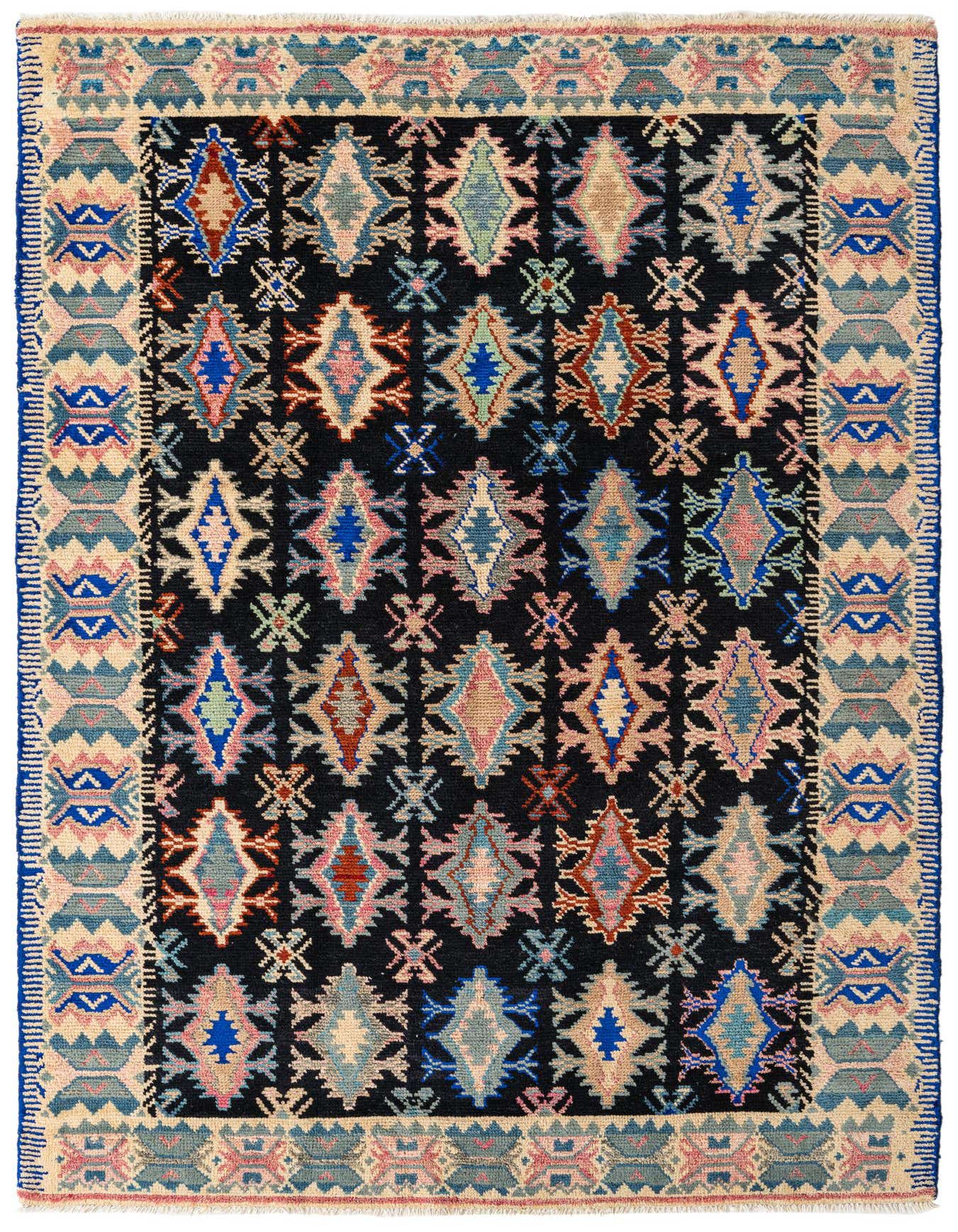A 5x8 rectangular Darya rug with a black field and colorful modern geometric diamond patterns, bordered by a light beige and blue design.