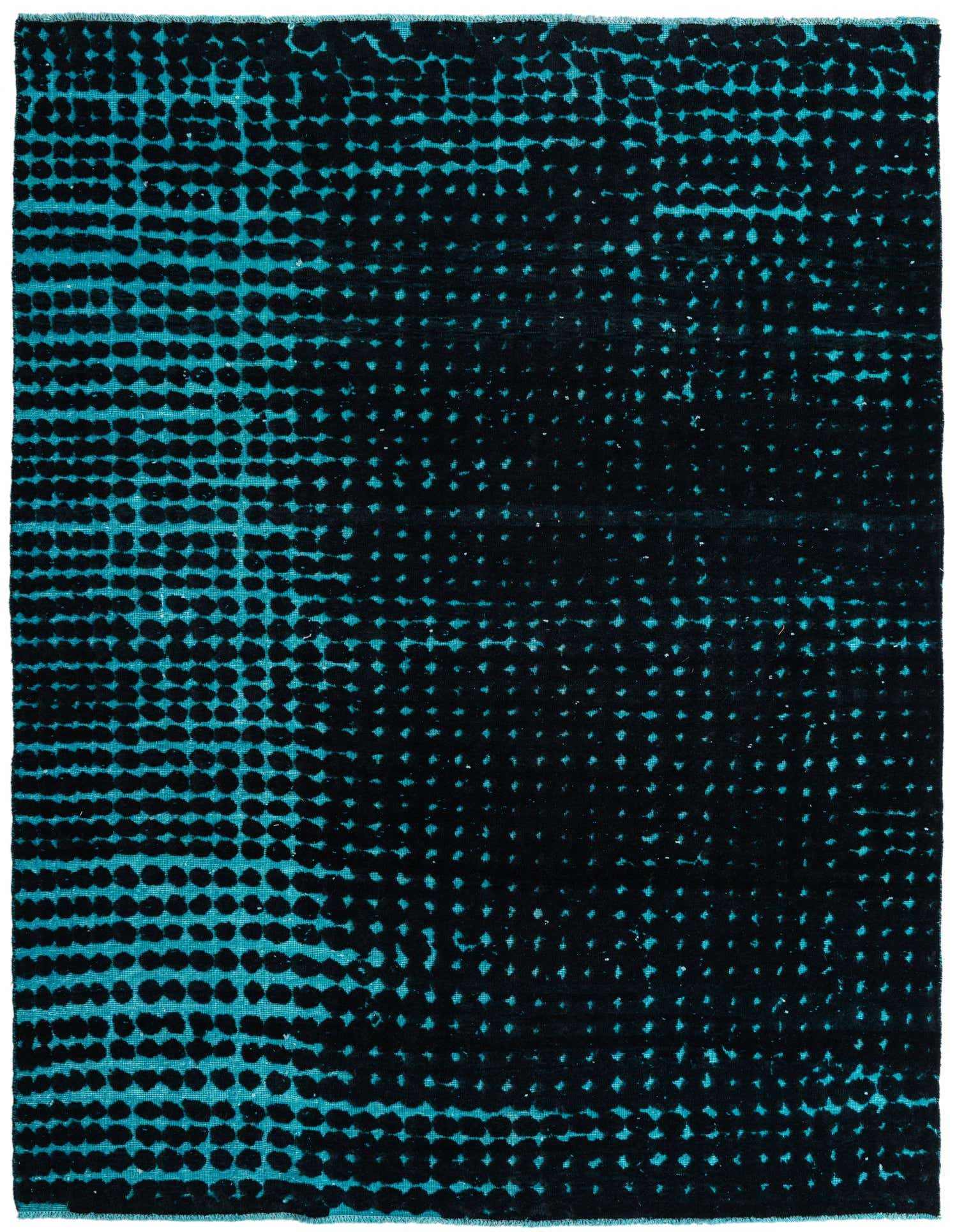 A rectangular 8x10 black and teal modern abstract wool rug with a high pile, featuring a pixelated dot pattern.