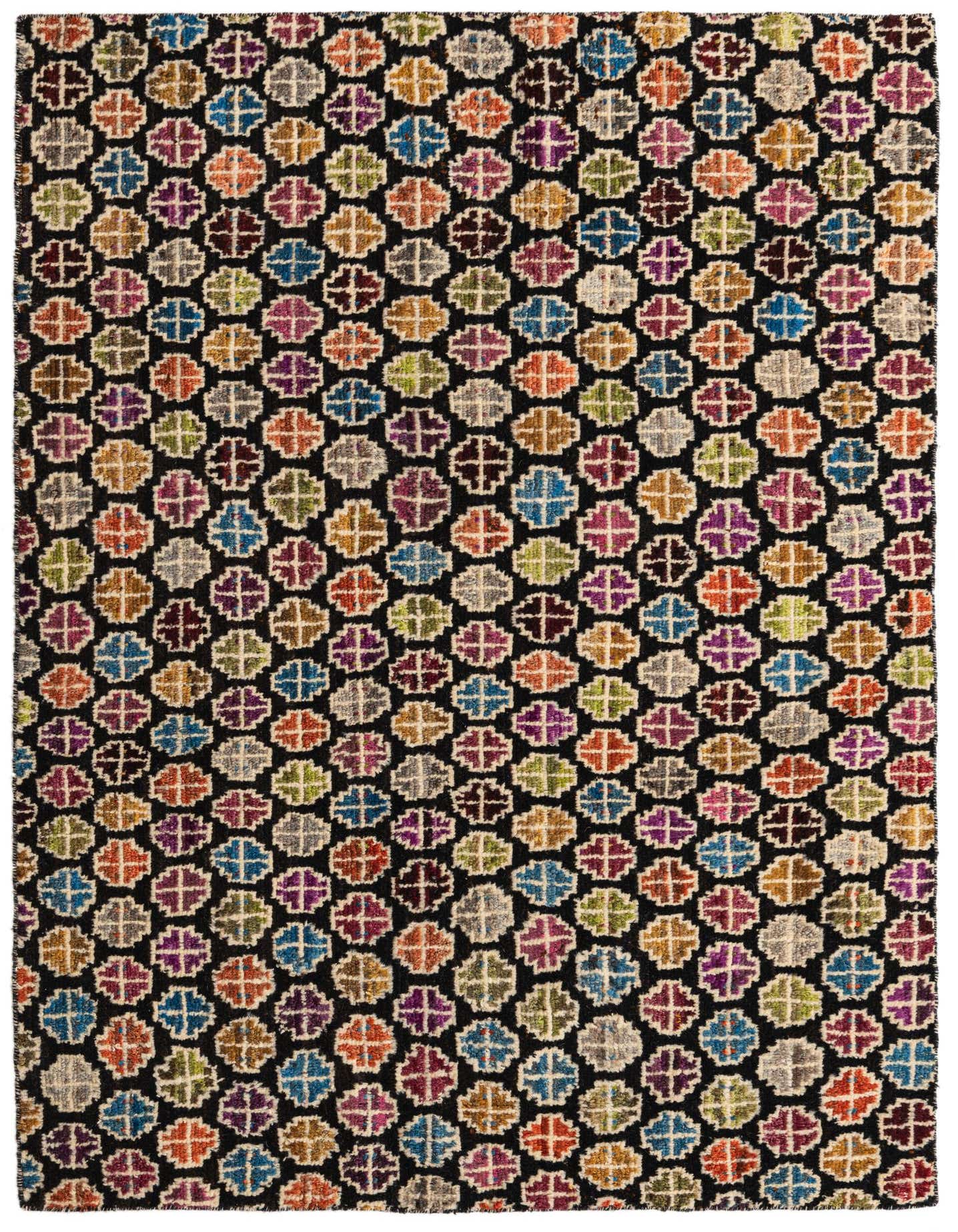 A 4x6 rectangular Darya rug with a black background and a repeating pattern of colorful, abstract, flower-like motifs.