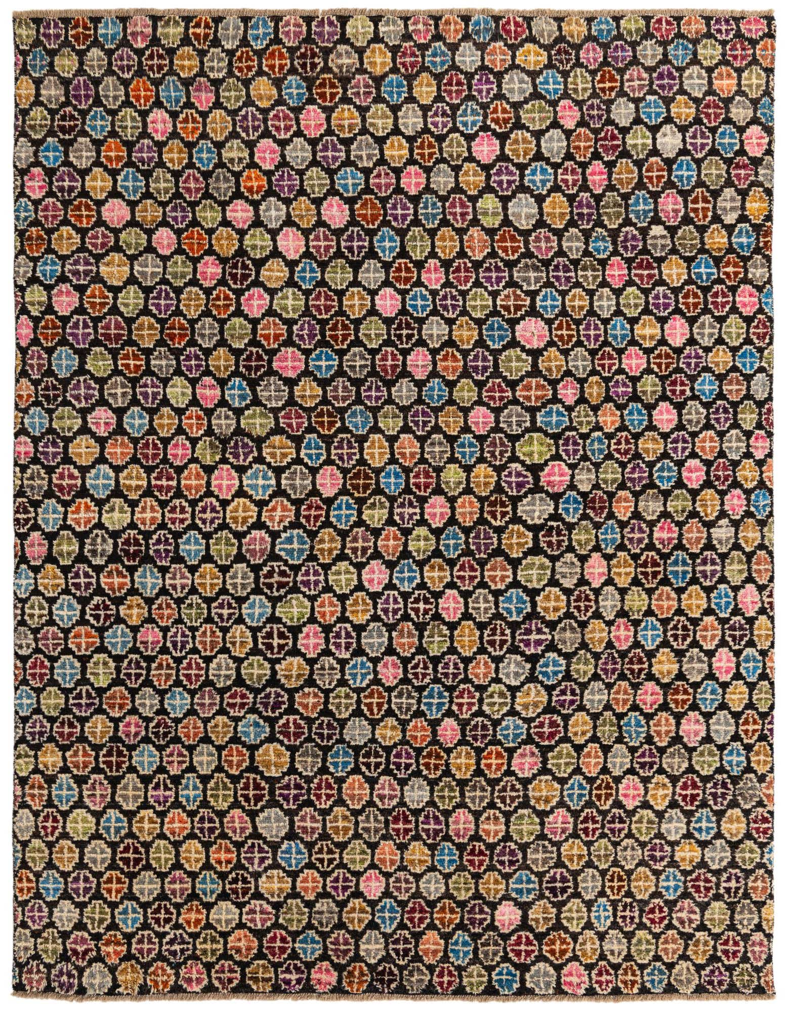 A rectangular 8x10 black wool rug with a vibrant, repeating modern abstract pattern of colorful circular motifs, ideal for a living room.