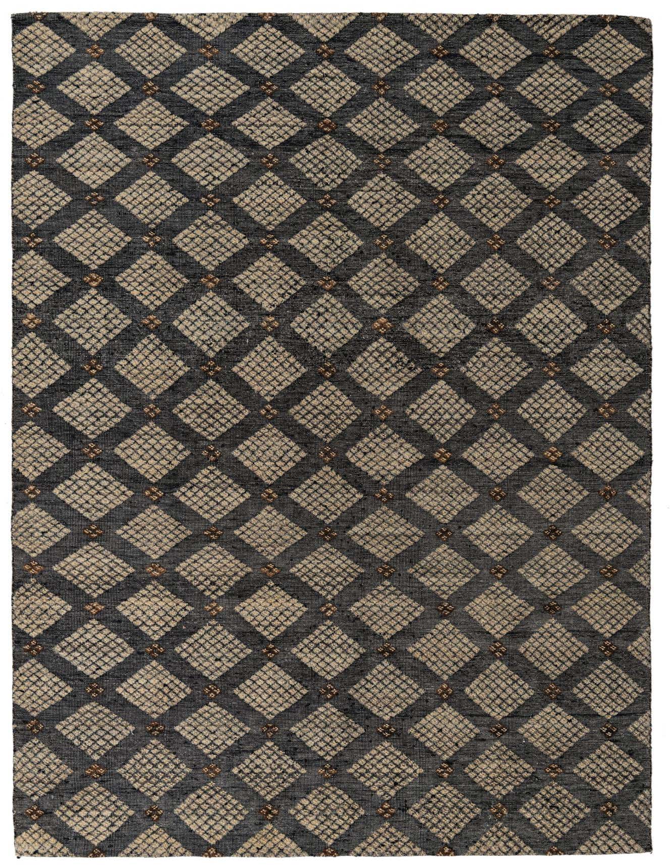 A 7x10 rectangular Darya rug with a modern black and beige abstract diamond pattern, handmade from wool.