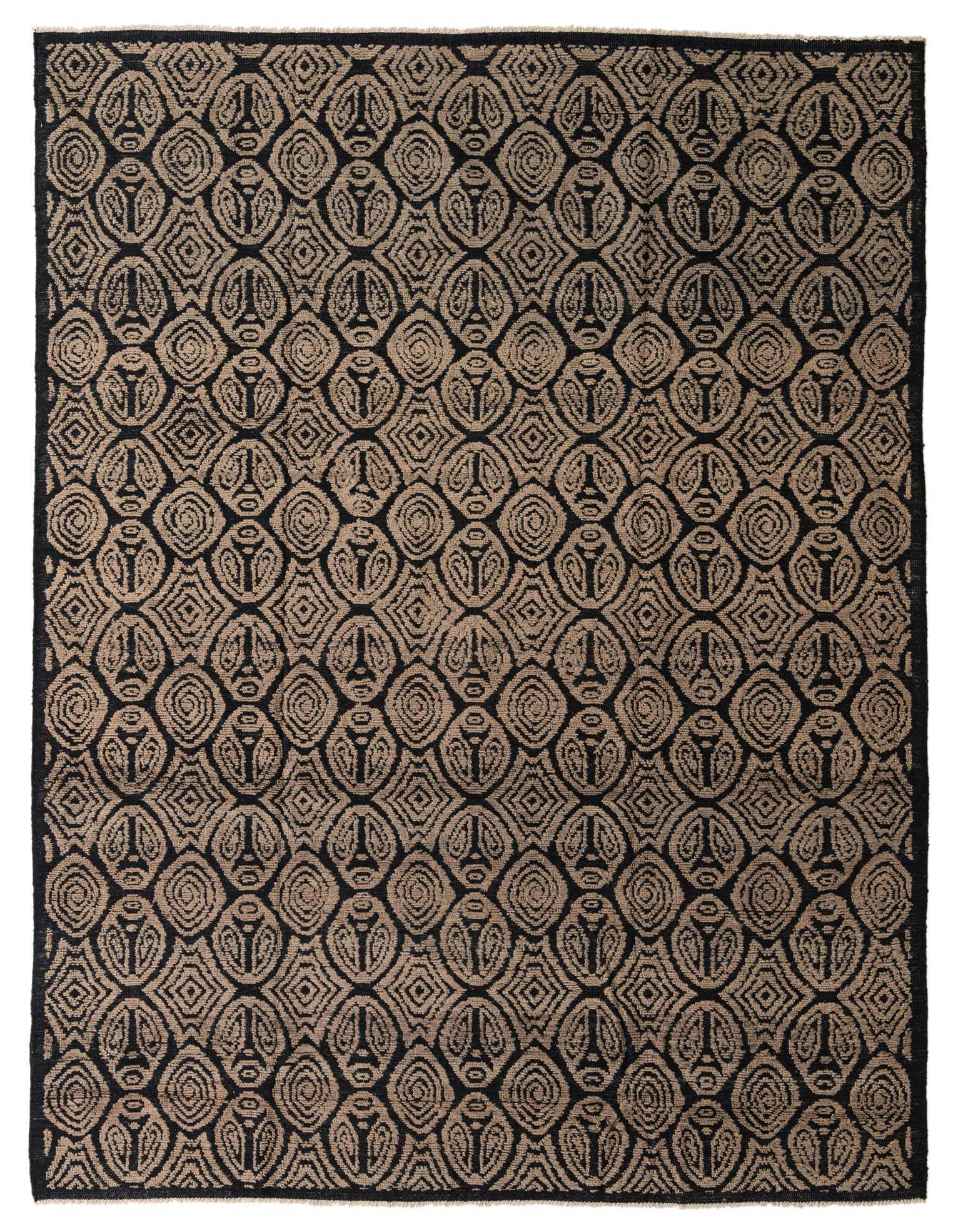A 9x12 rectangular black wool rug with a high pile and an abstract modern pattern.