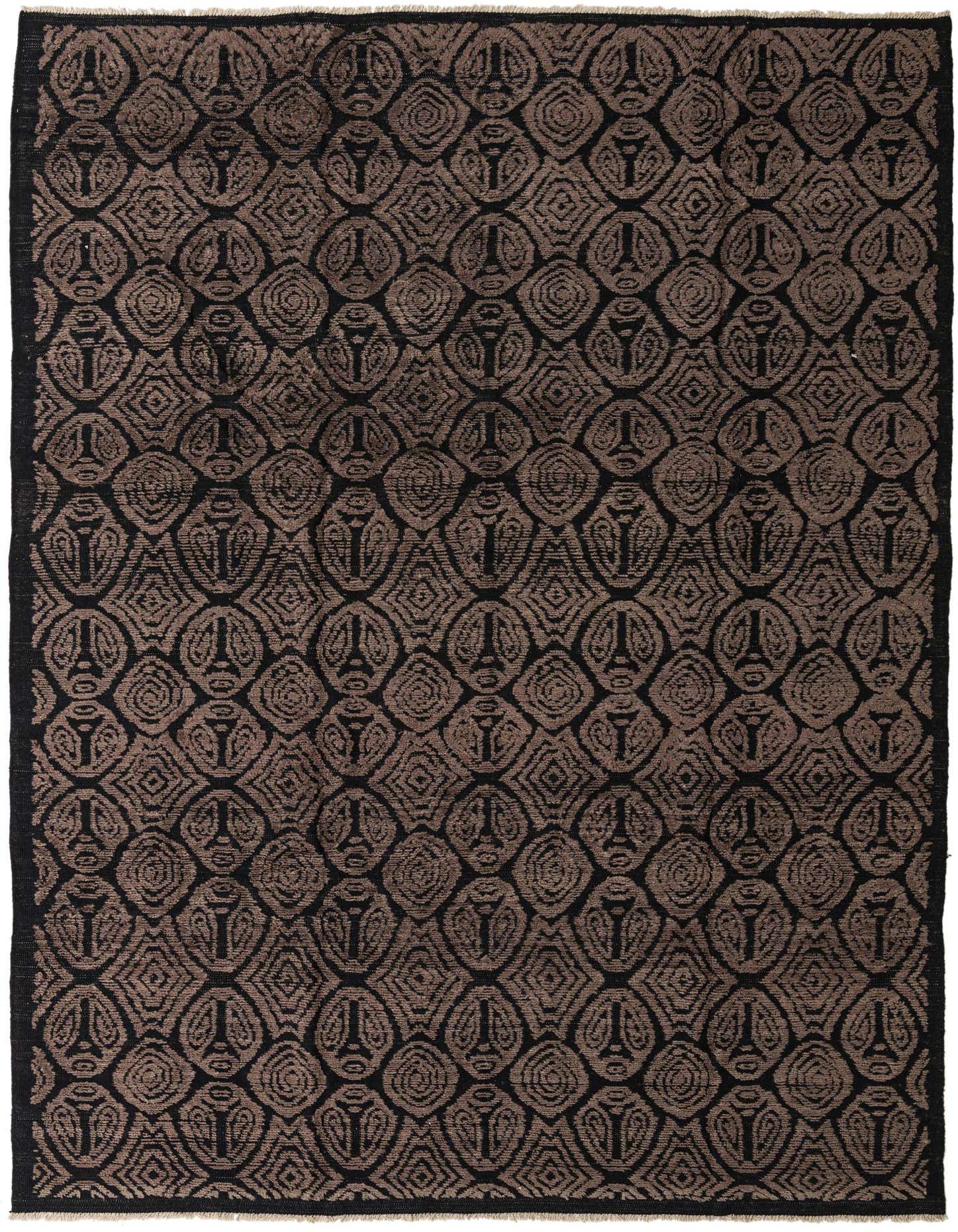 A 9x12 rectangular Rugs.com Darya rug featuring a modern abstract pattern in black and dark brown tones, handmade from 100% wool.