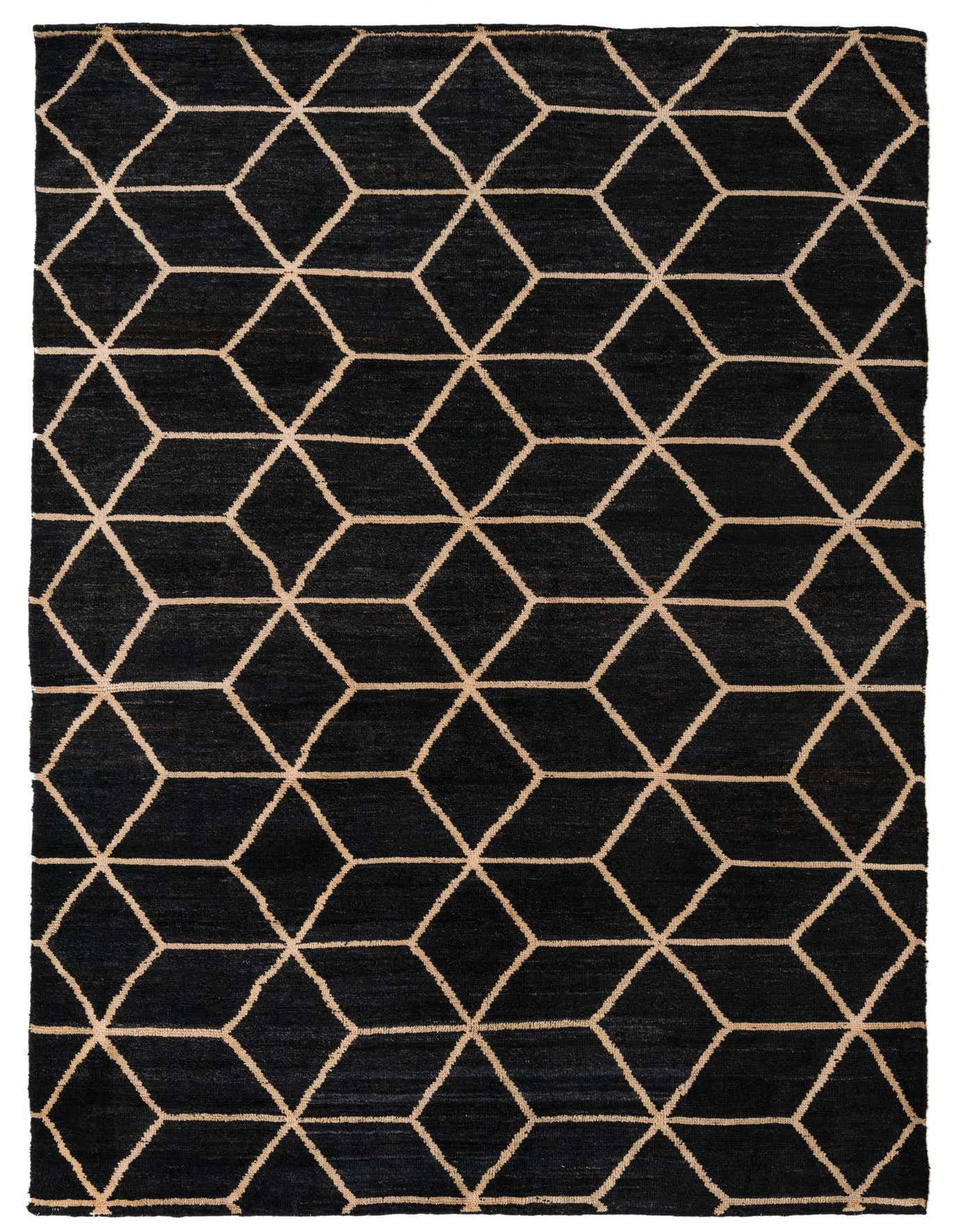 A 7x10 rectangular black wool rug with a repeating modern abstract geometric pattern of light beige interconnected cubes.