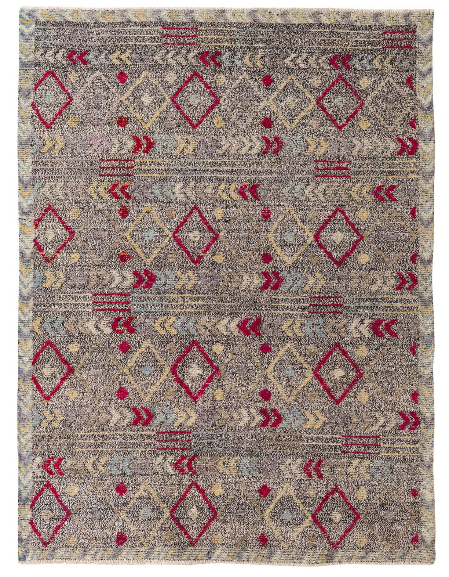 A 5x8 rectangular Darya rug in black with a modern abstract pattern featuring red diamonds and yellow, blue, and grey geometric shapes.