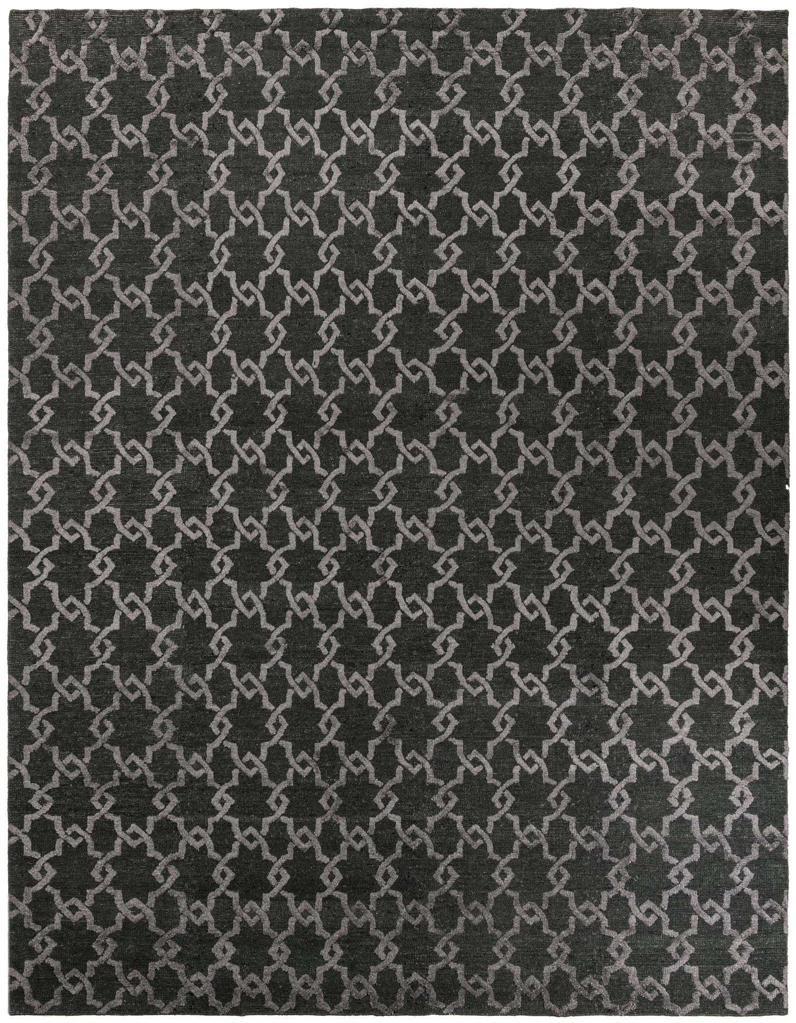 A large 12x15 rectangular black wool rug featuring a repeating modern abstract chain link pattern in a lighter black tone.