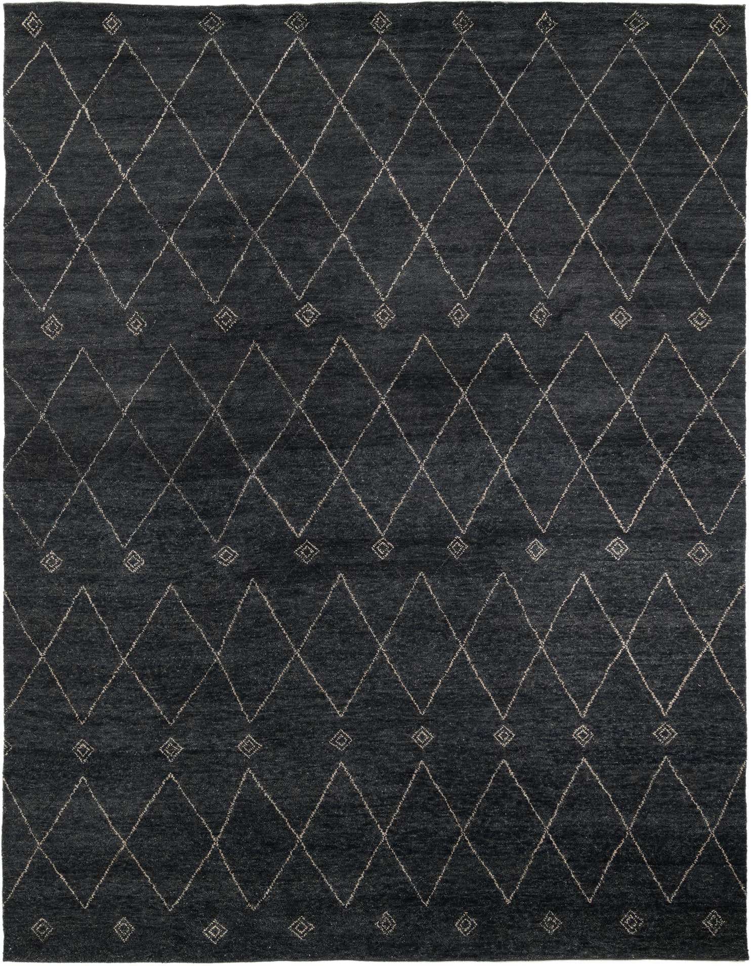 A 10x13 rectangular black wool area rug featuring a modern abstract diamond pattern in lighter tones, suitable for a living room.