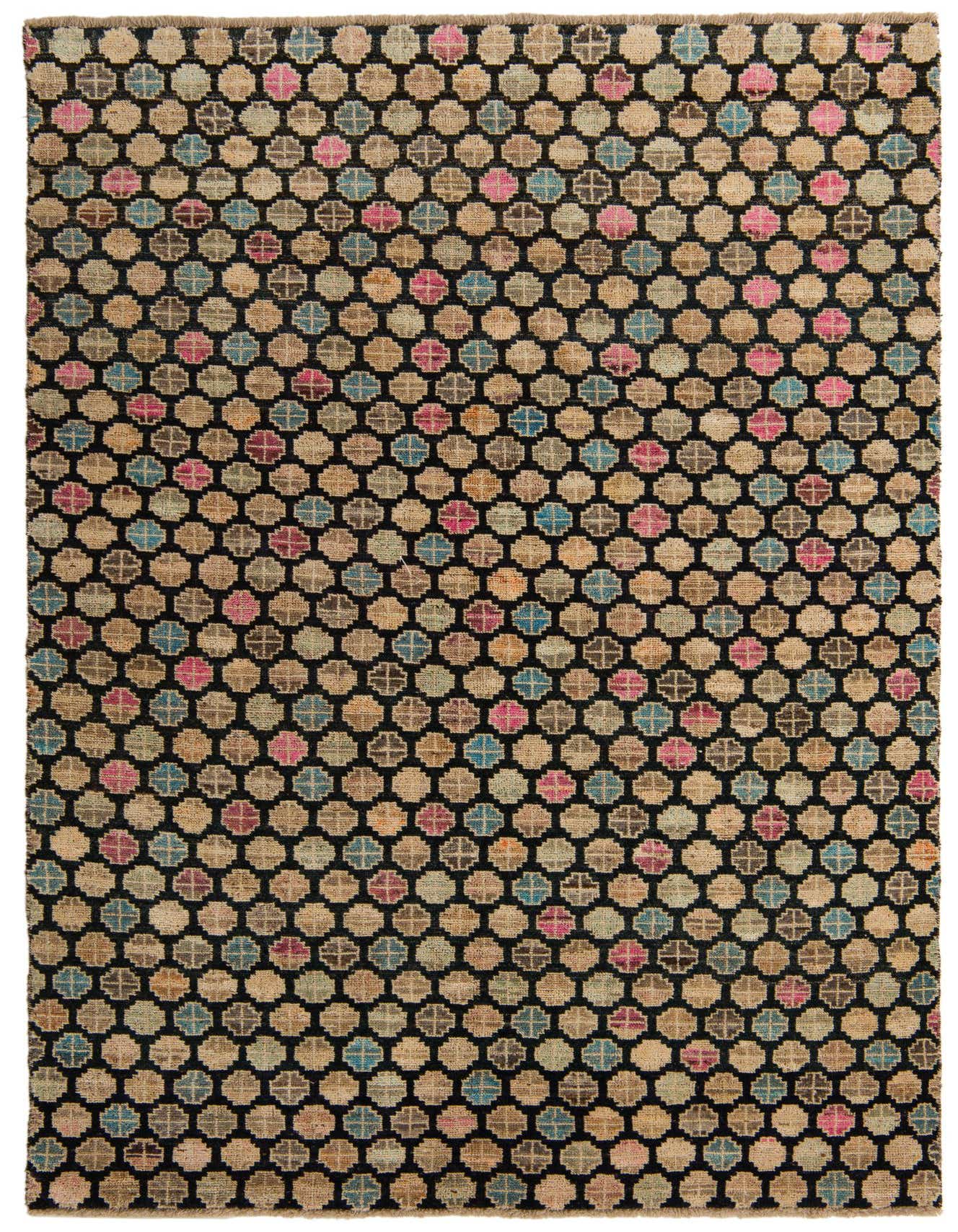 A 6x9 rectangular Darya rug with a modern Oriental pattern of black and colorful geometric circles.