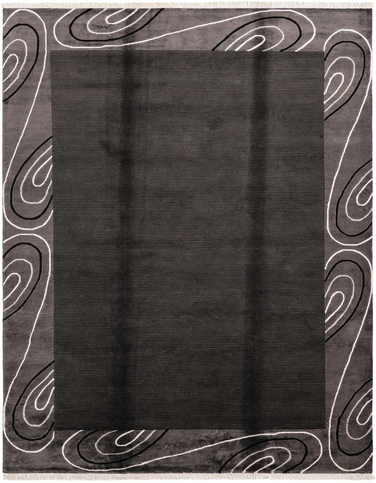 A 7x10 rectangular black wool rug with a modern oriental design, featuring a solid black center and a charcoal border with white and black swirling patterns.