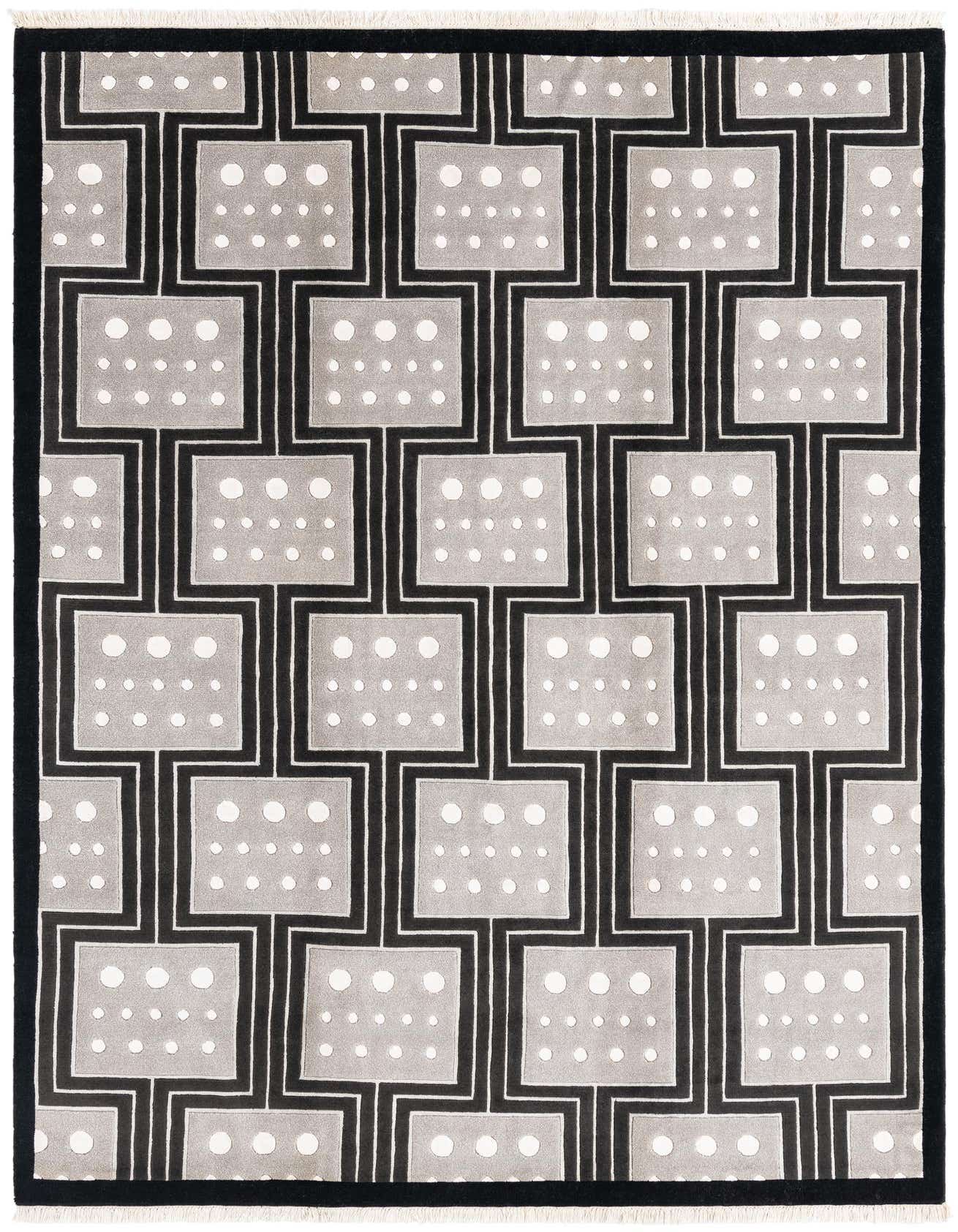 A 7x10 rectangular Darya rug with a modern black and gray geometric pattern featuring white dots, perfect for a living room.