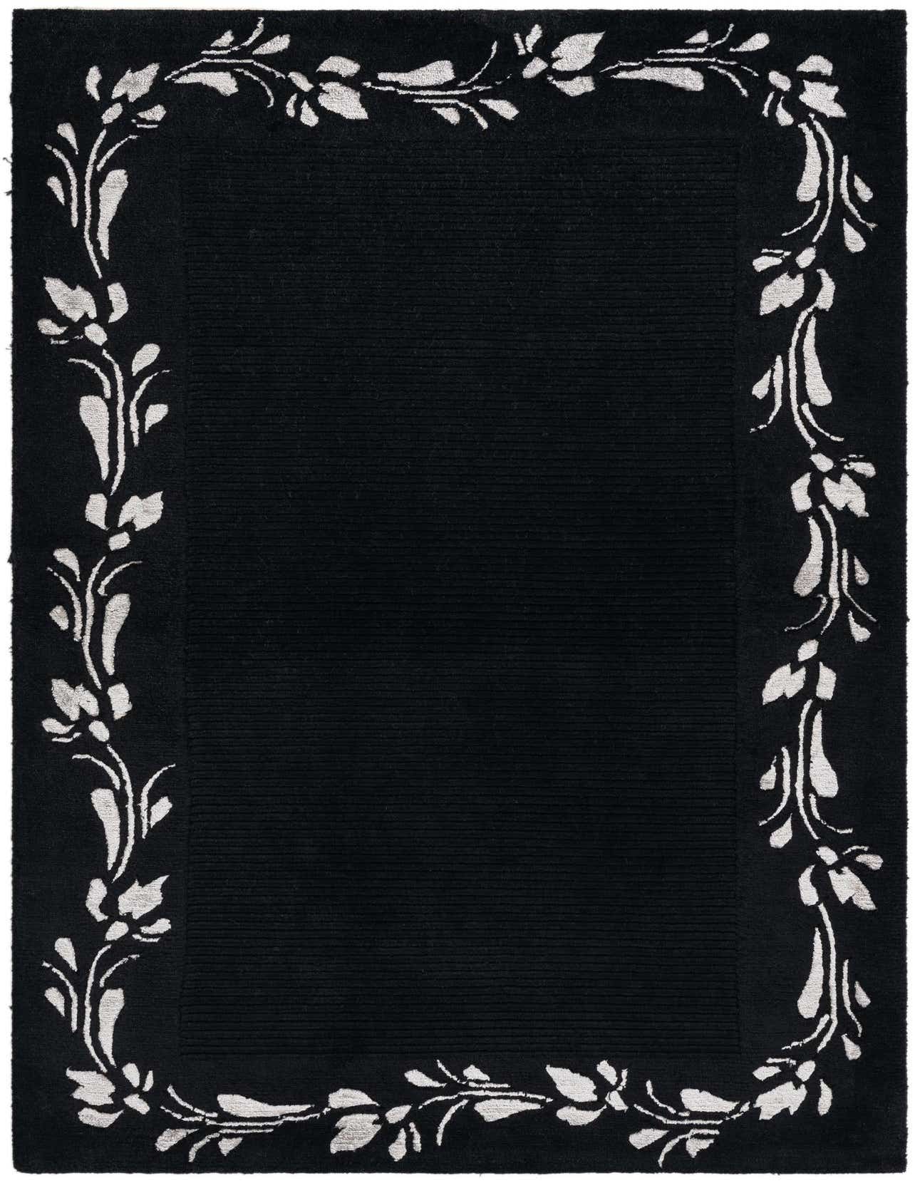 A 3x5 rectangular Darya rug in black wool, featuring an elegant white floral border pattern.