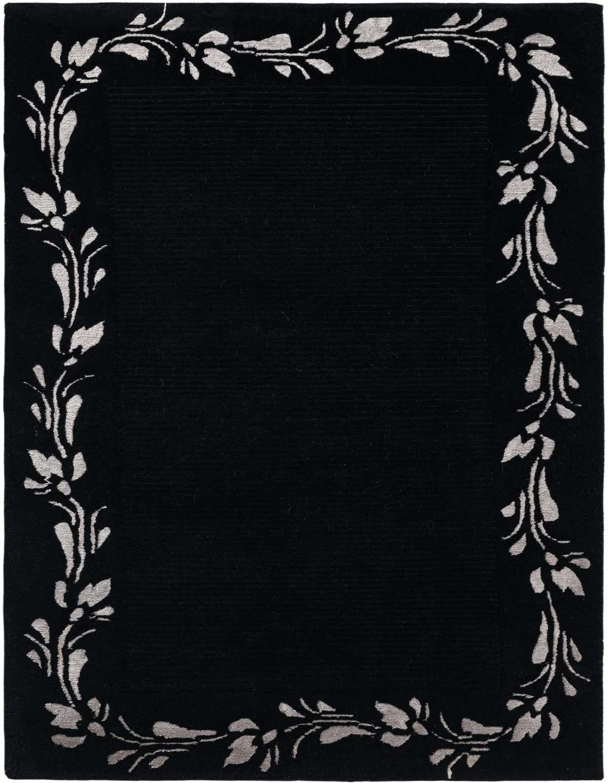 A 3x5 rectangular black wool rug with an elegant light gray floral vine border, adding a touch of modern oriental style.