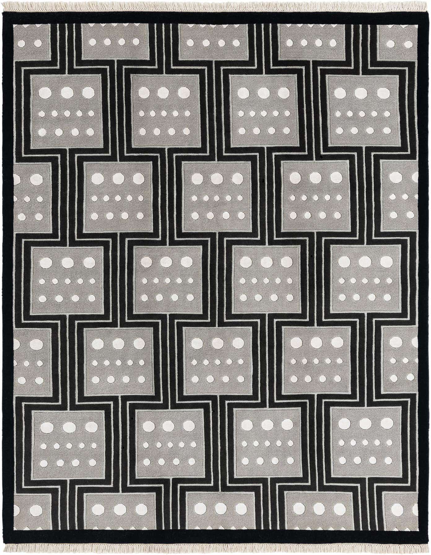 A 5x8 rectangular Darya rug with a modern Persian pattern in black, grey, and white, featuring a geometric grid of squares with dotted centers.