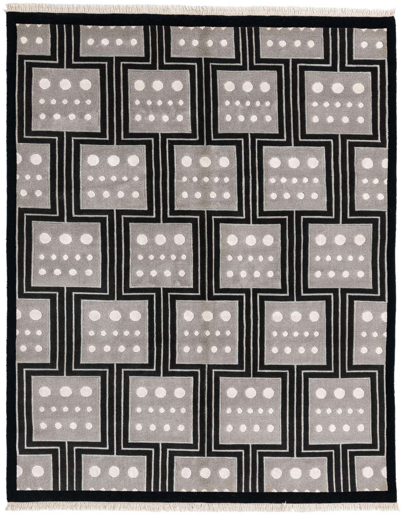A 5x8 rectangular Darya rug with a modern Oriental pattern in black and gray, featuring white polka dots within squares.