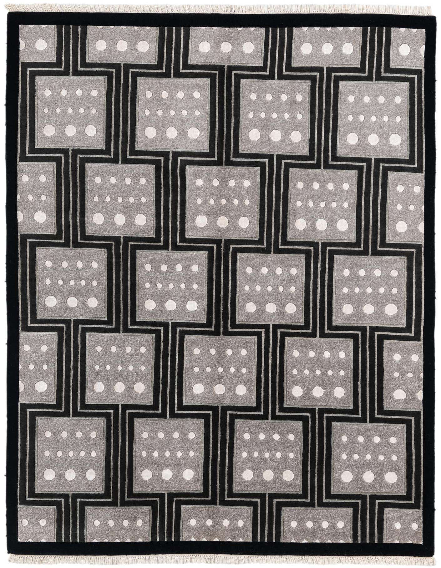 A 5x8 rectangular Darya rug with a modern black and gray geometric pattern, featuring white dots within squares.