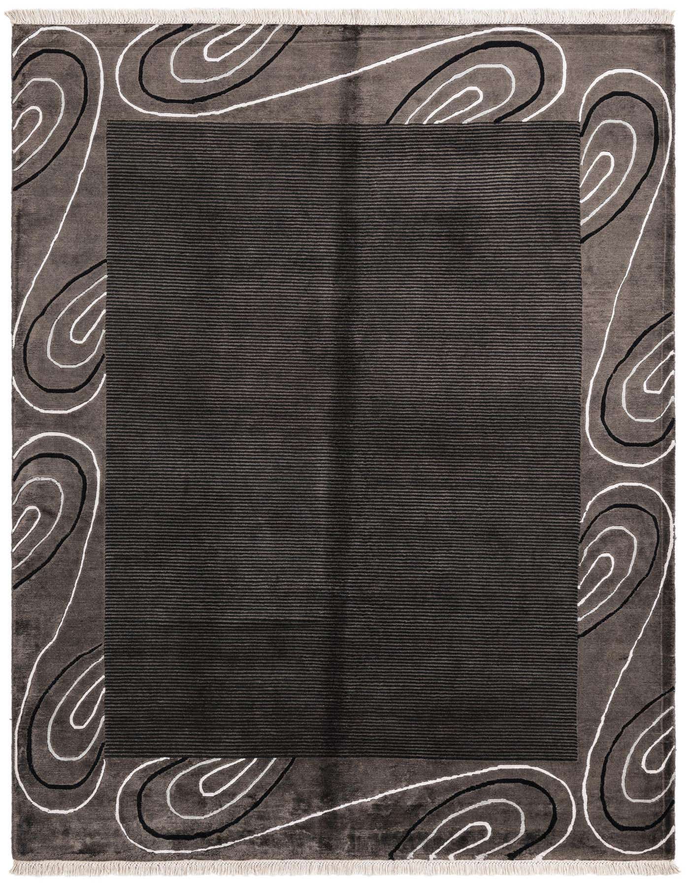 A 5x8 rectangular black wool rug with a modern oriental design, featuring a solid dark center and a border of white and black swirling lines on a charcoal background.