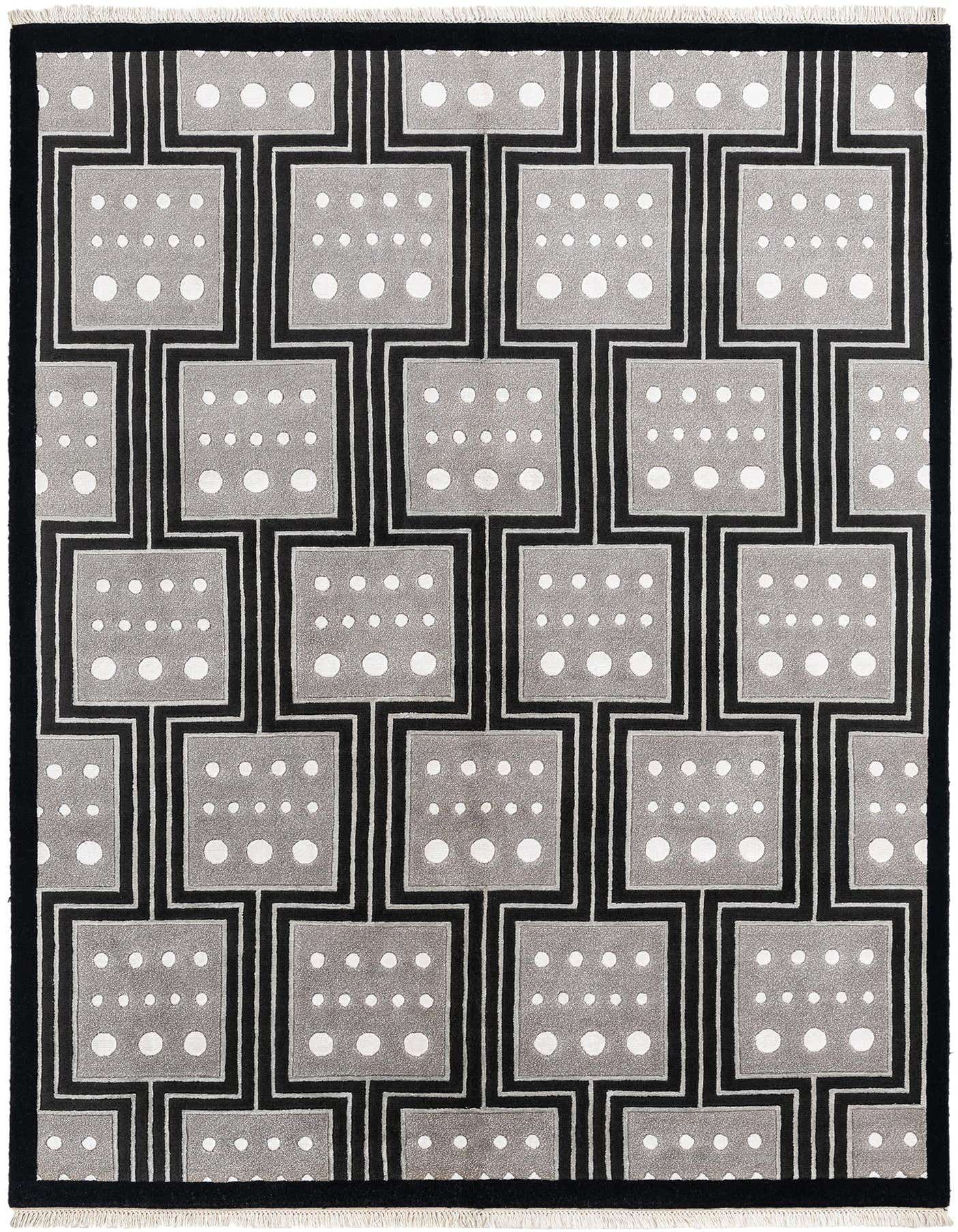 A 5x8 rectangular Darya rug with a modern Persian pattern in black, grey, and white geometric squares with dots.