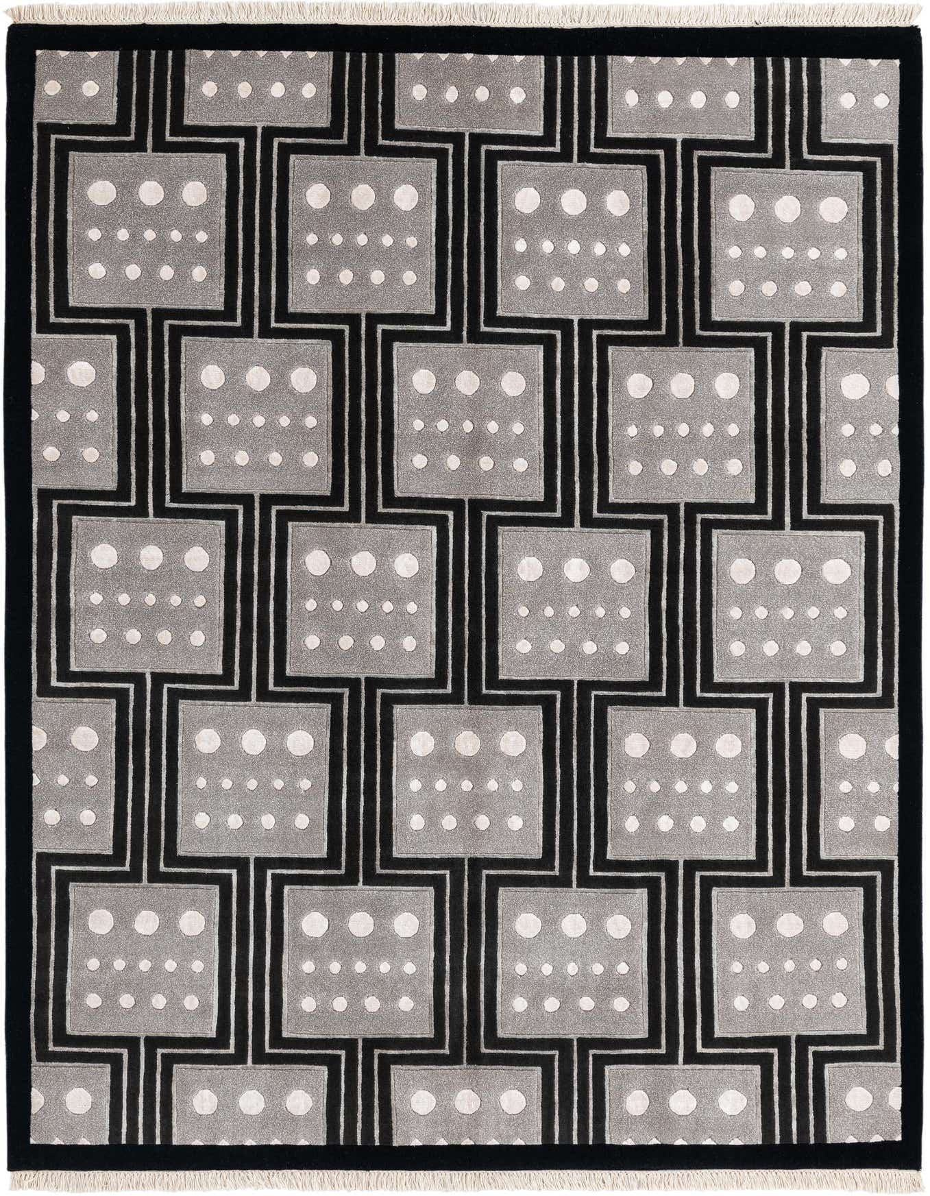 A 5x8 rectangular Darya rug with a modern black and gray geometric pattern featuring white polka dots.