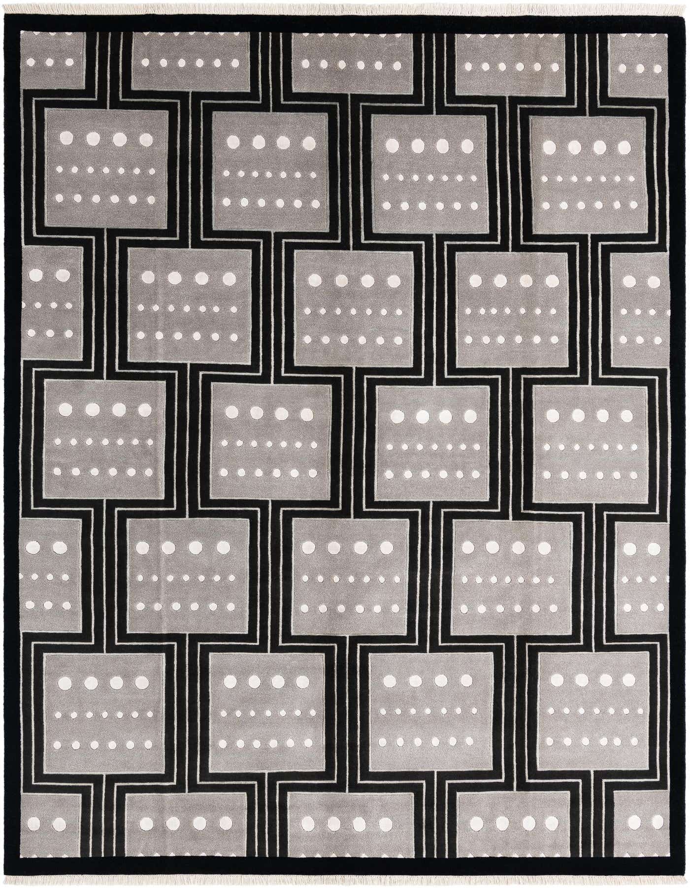 A rectangular 8x11 Darya rug with a modern black and gray geometric pattern, featuring white dots within gray squares, ideal for a living room.