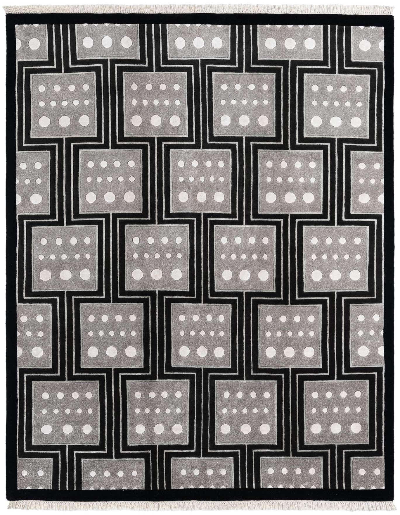 A 5x8 rectangular Darya rug with a modern black and gray geometric pattern featuring white dots inside squares.