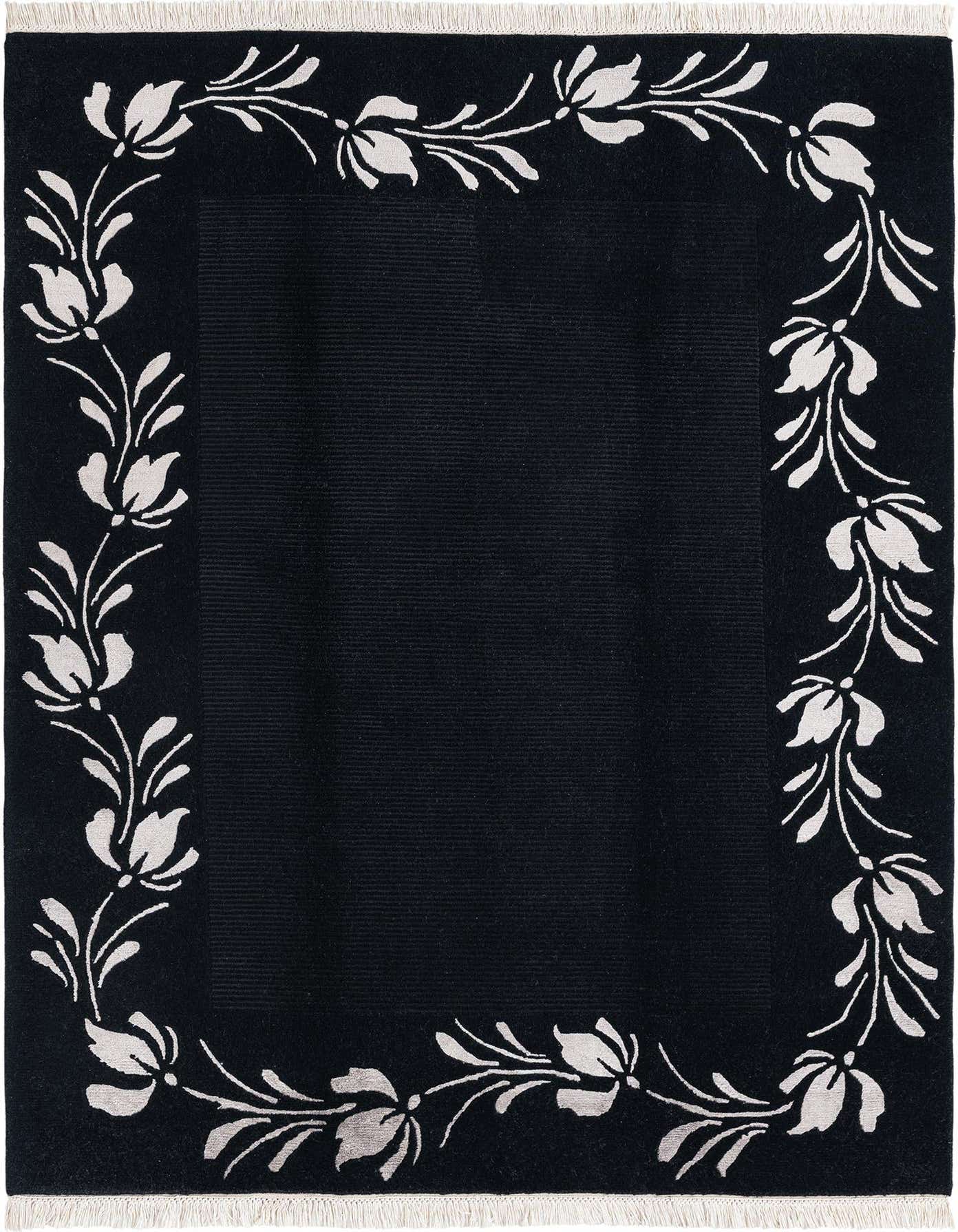 A 4x6 rectangular black wool and cotton rug with a high pile and a modern Persian floral border in light grey.