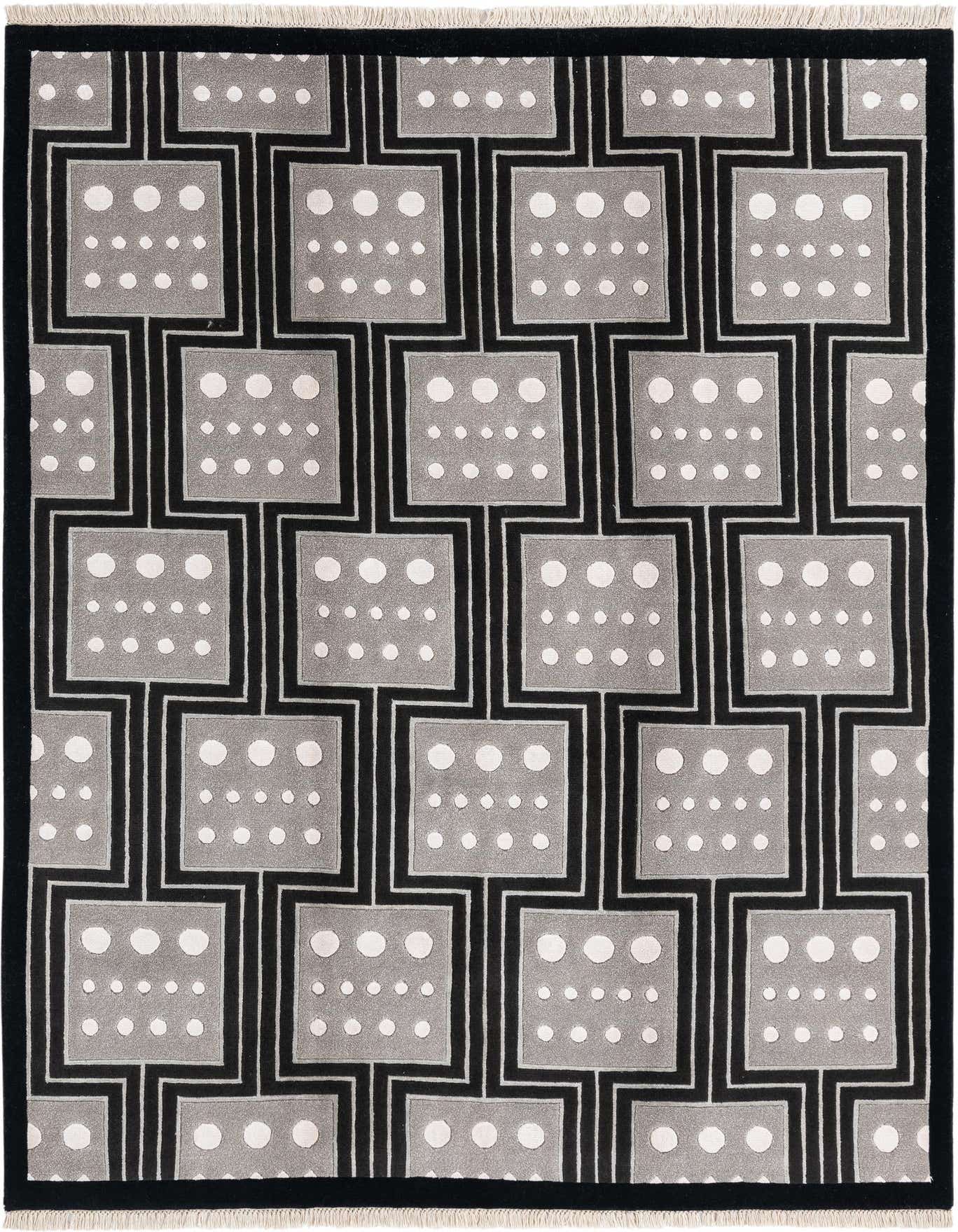 A 5x8 rectangular black and gray modern wool rug with a repeating geometric pattern of dotted squares.