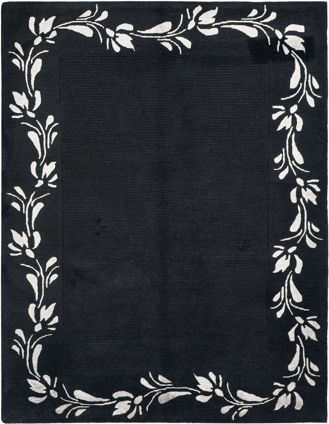 A 4x6 rectangular black wool rug with a high pile, featuring a modern Persian-inspired floral border in white.