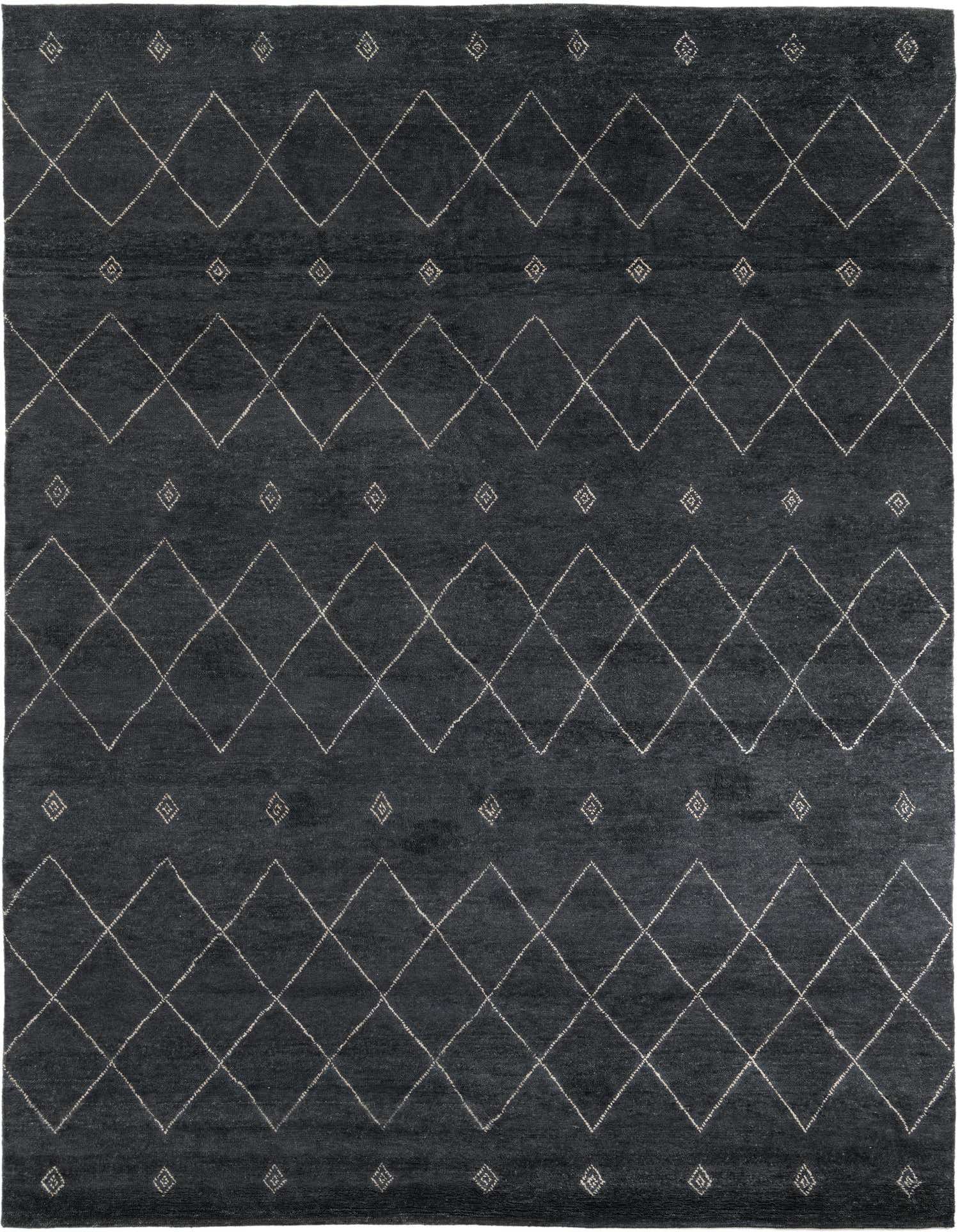A 9x12 rectangular black wool rug with a modern diamond pattern in a lighter contrasting color.