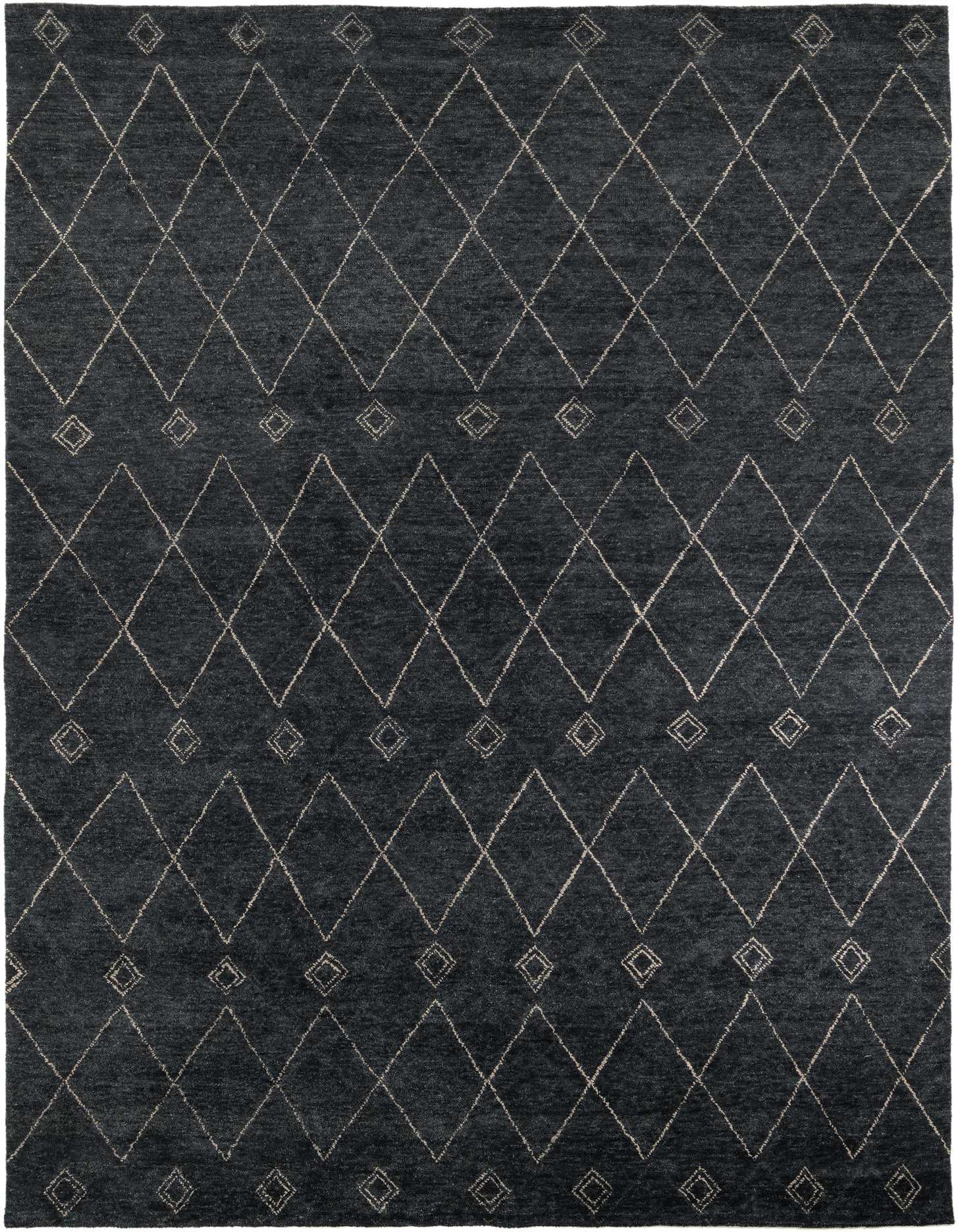 A 10x13 rectangular black wool area rug with a modern geometric diamond pattern in light beige, suitable for a living room.