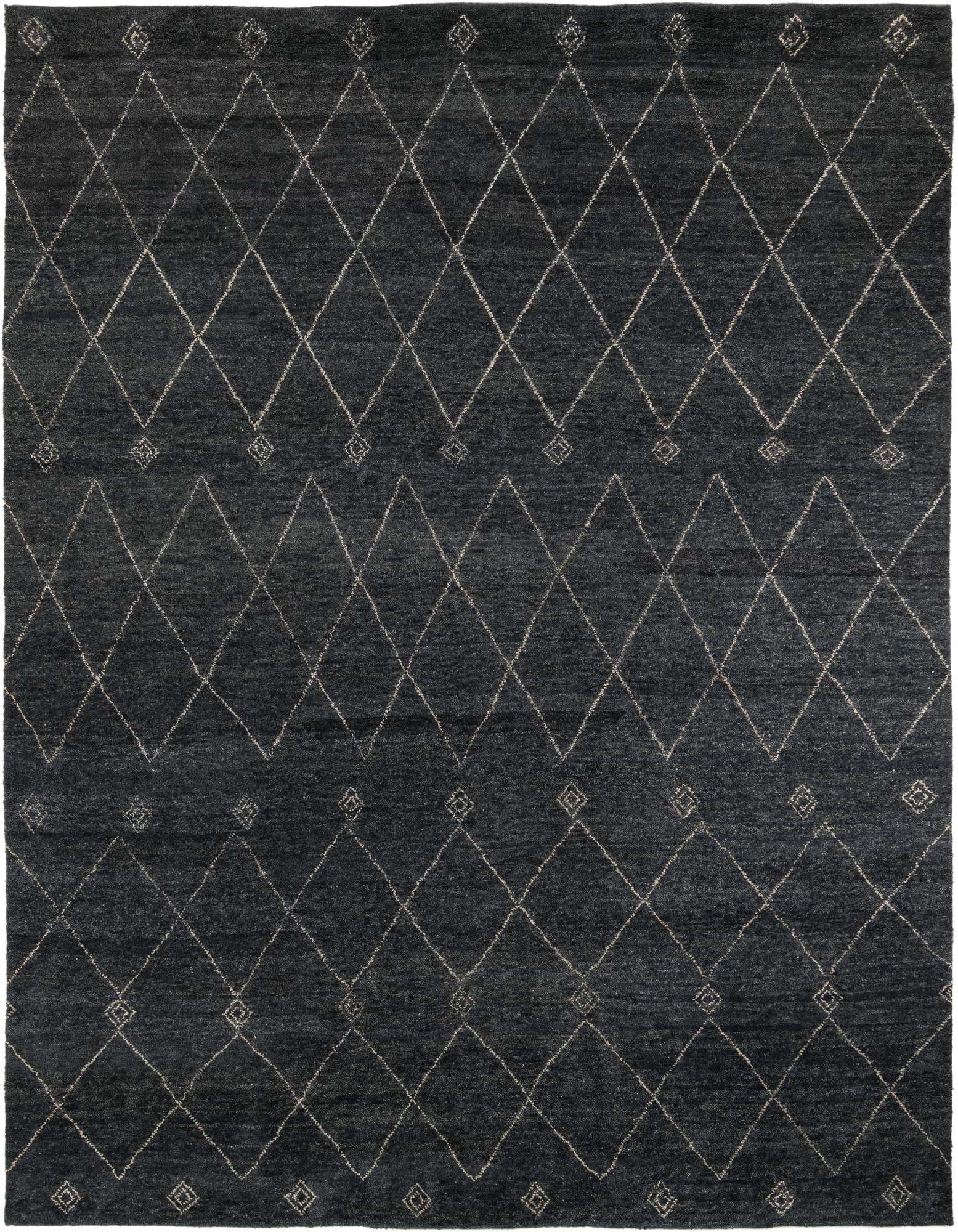 A 9x12 rectangular Darya rug in black wool with a modern diamond pattern, suitable for a living room.