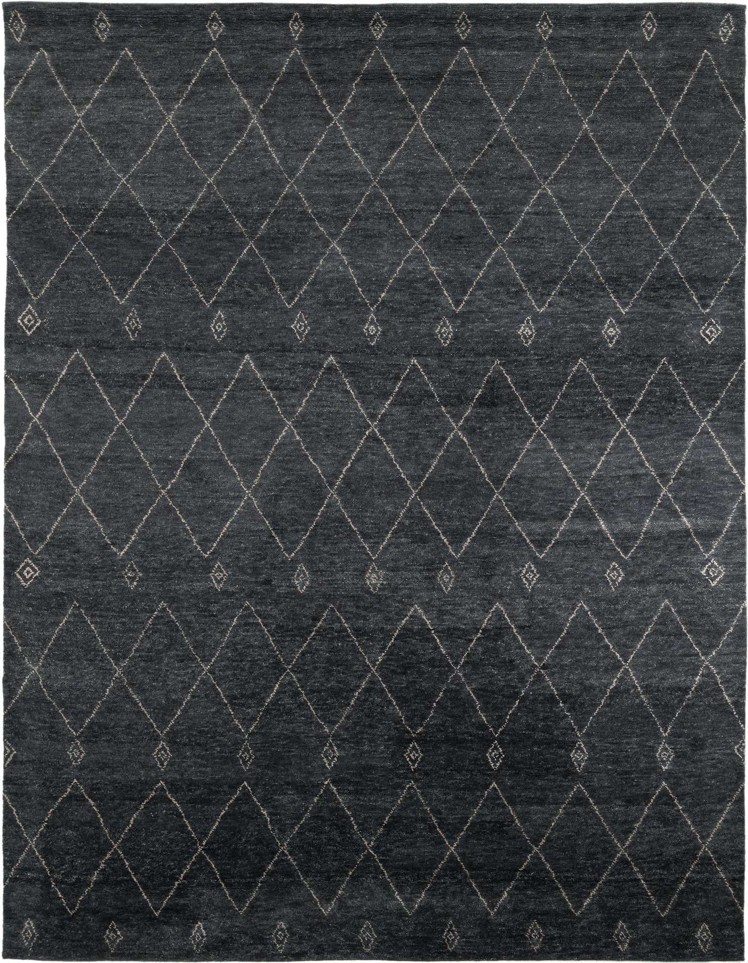 A 9x12 rectangular Darya rug in black with a modern diamond pattern, suitable for a living room.