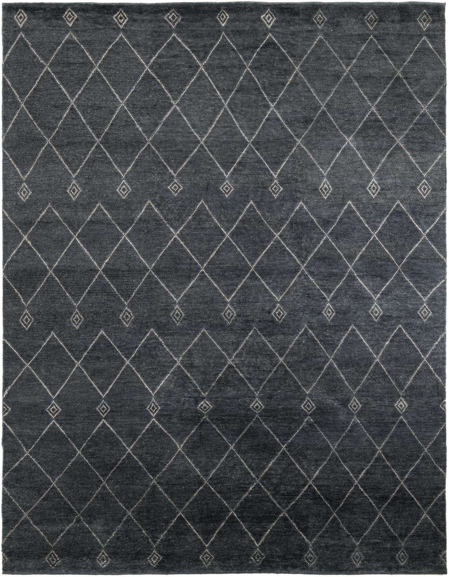 A rectangular 8x10 Darya rug in black wool with a modern diamond pattern, suitable for a living room.