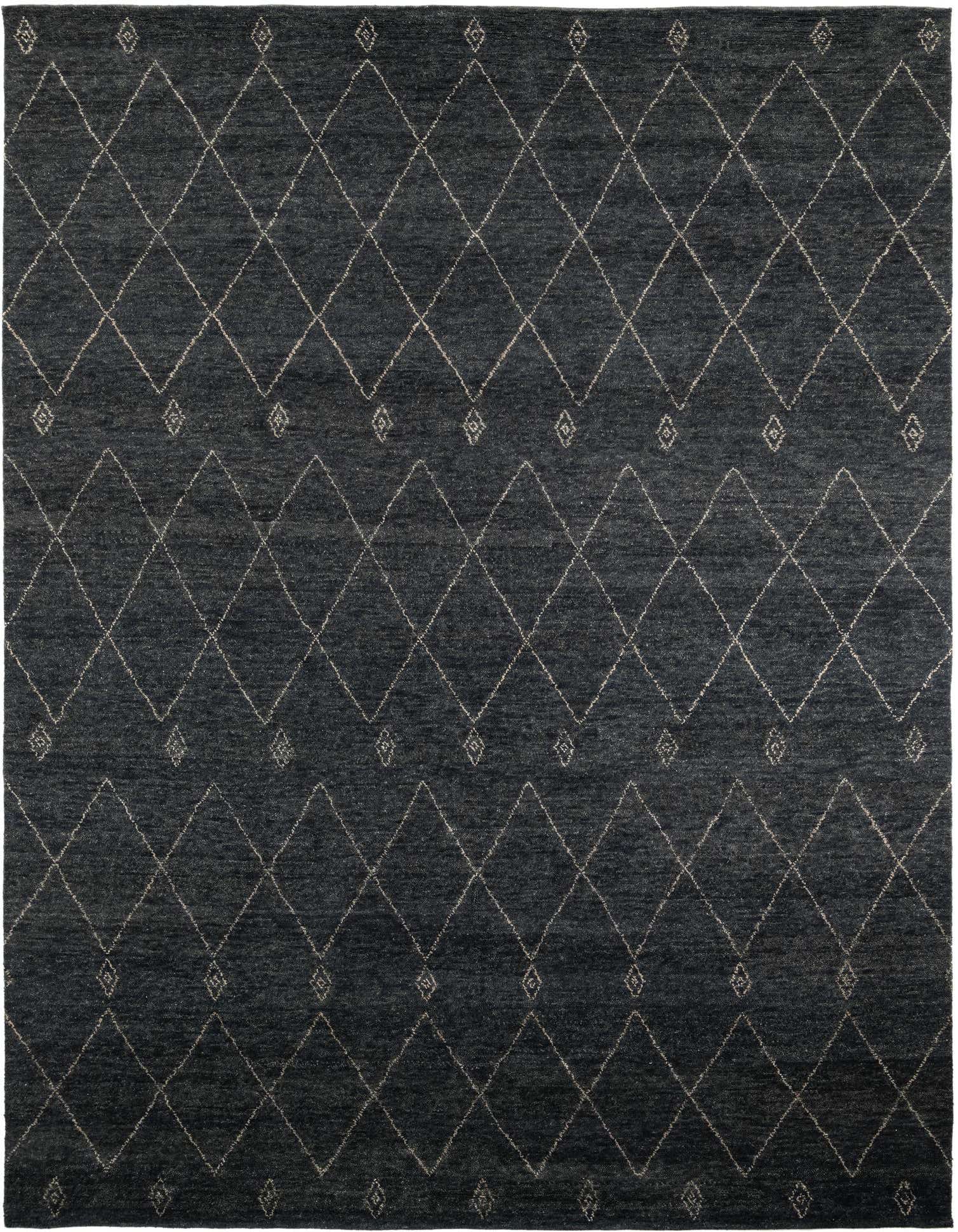 A 9x12 rectangular Darya rug in black wool, featuring a modern geometric diamond pattern with light accents.