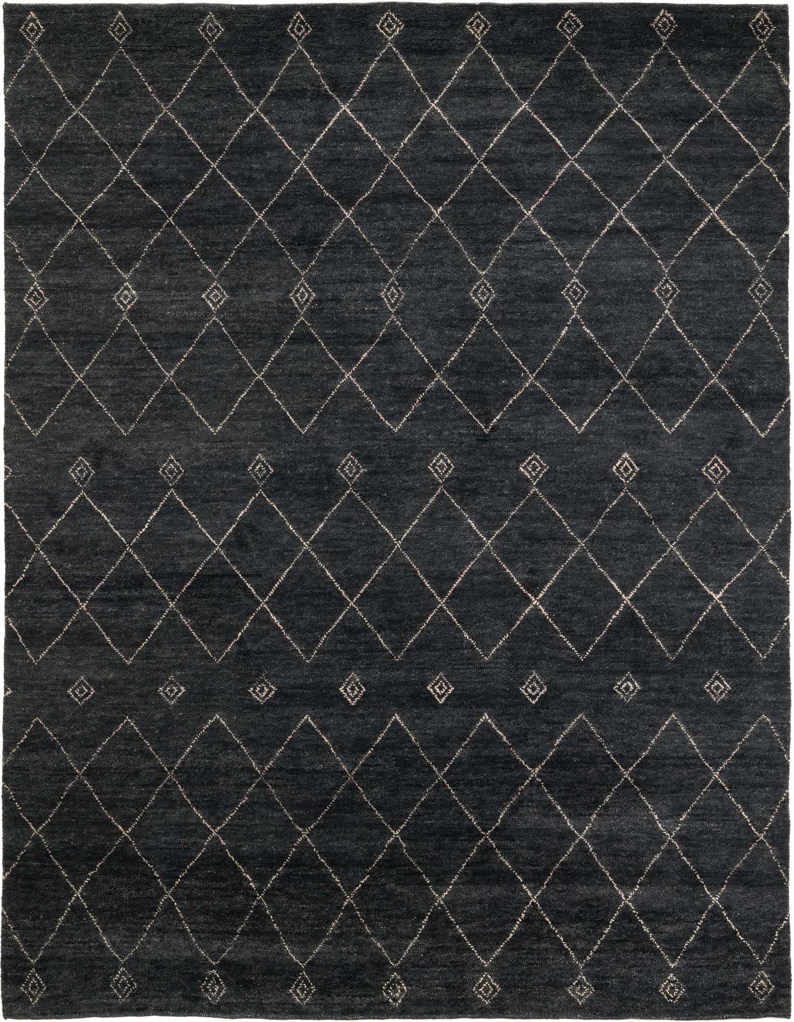 A rectangular 8x10 Darya black modern wool rug with a subtle diamond pattern and high pile.