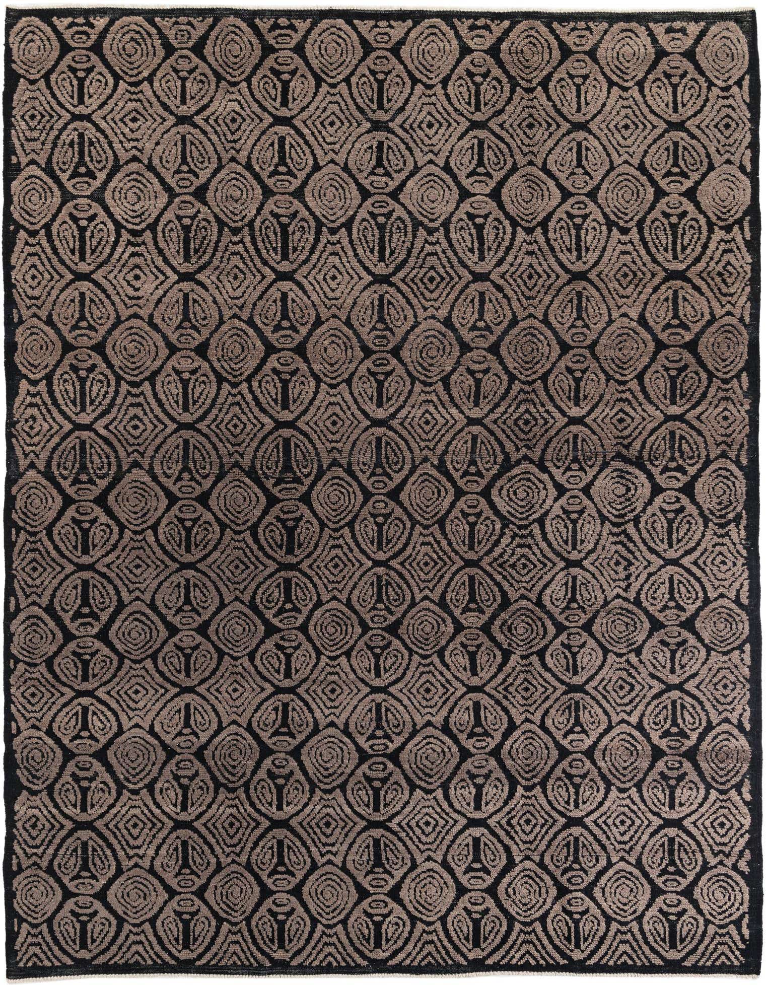 A 9x12 rectangular black modern wool rug with an intricate, repeating geometric pattern in a lighter contrasting tone.