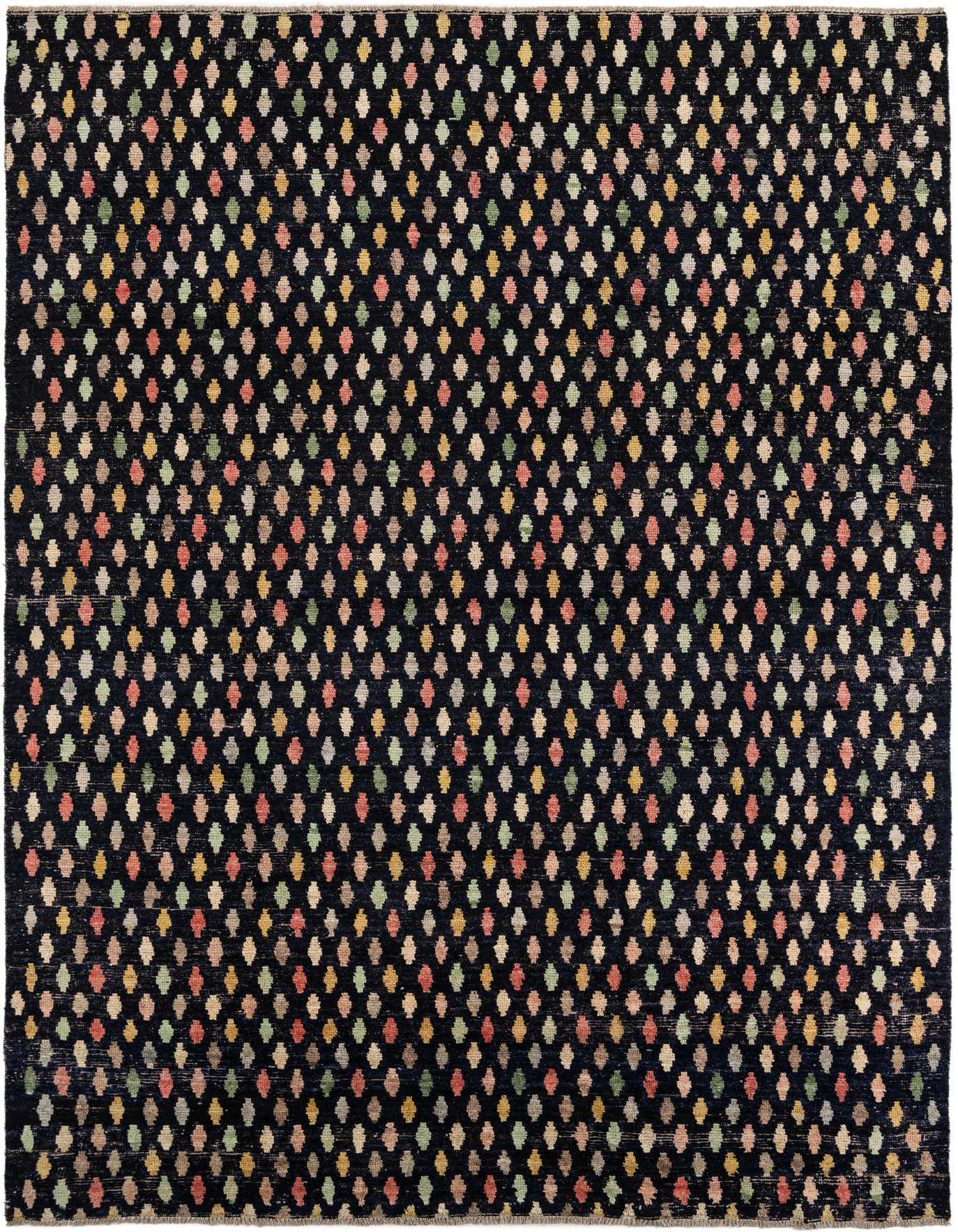 A 10x16 rectangular black wool area rug with a modern abstract pattern of colorful elongated dots.