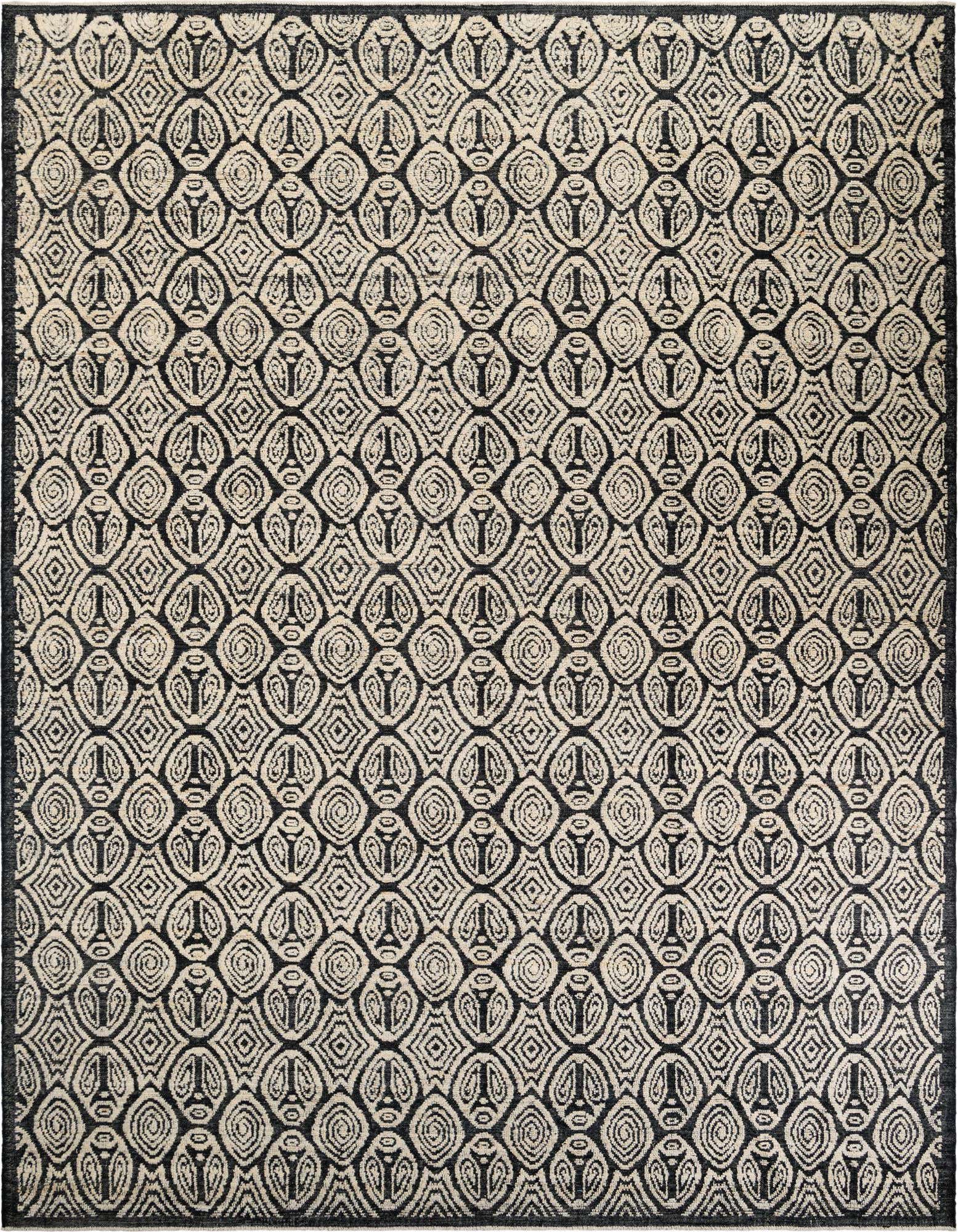 A 12x15 rectangular Darya rug featuring a modern black and off-white geometric pattern, handmade from wool.