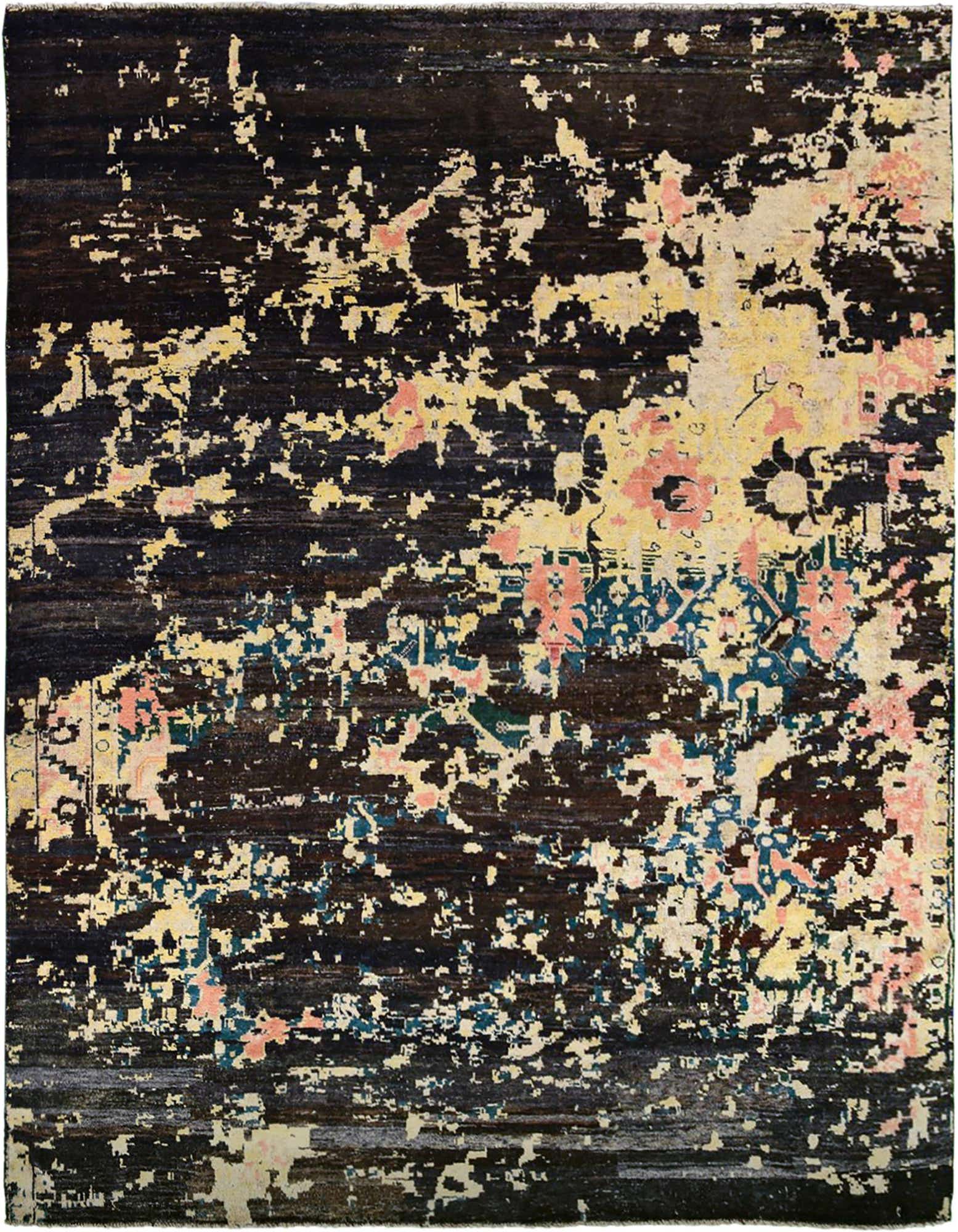 A 12x15 rectangular Darya rug featuring a modern abstract pattern in black with distressed yellow, pink, and teal accents.