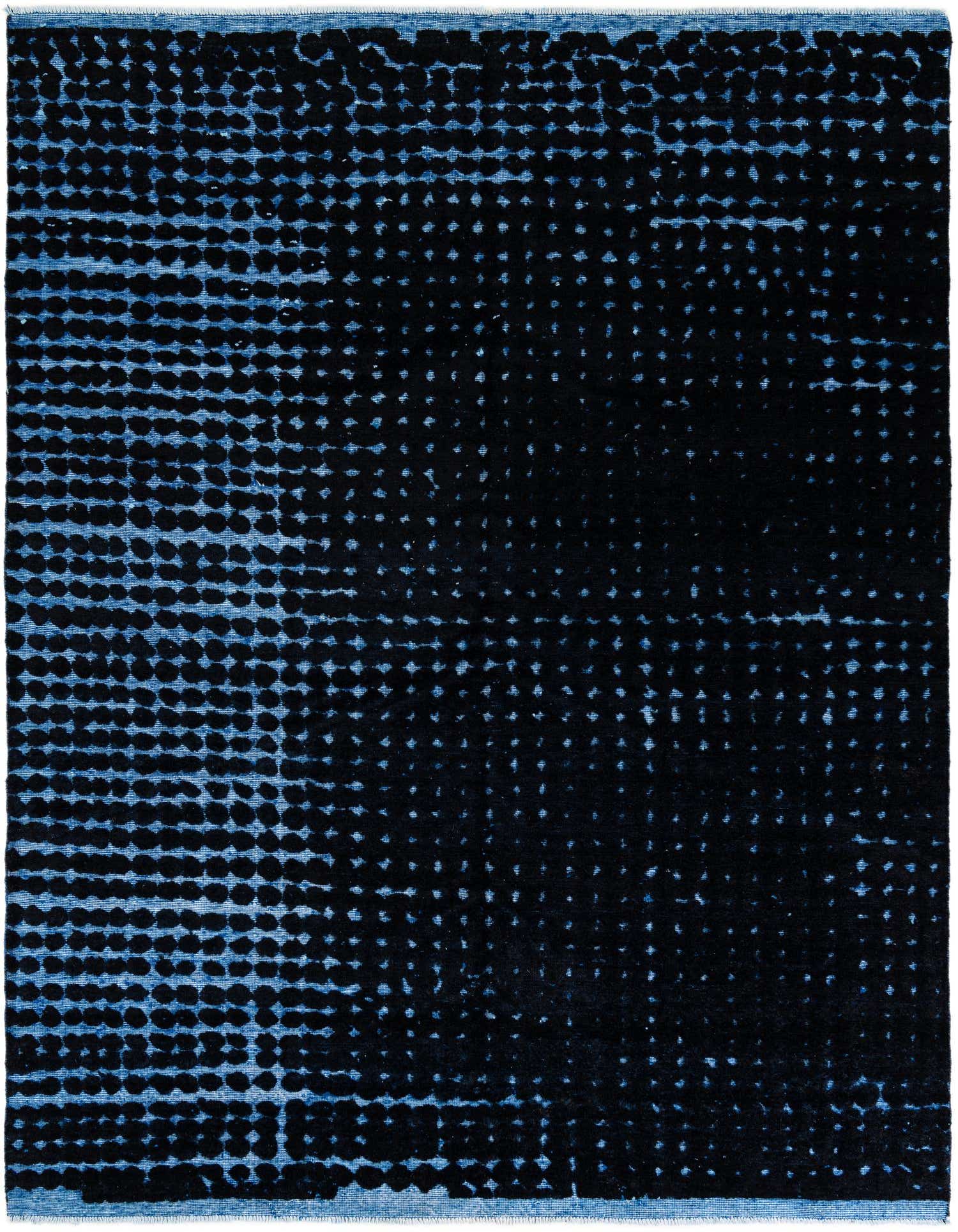 A rectangular 8x10 Darya Collection modern rug in black and blue, featuring an abstract dotted pattern.
