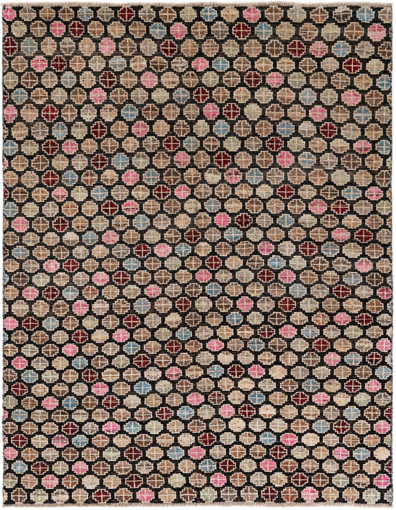 A 6x9 rectangular Darya rug with a modern Oriental pattern of multicolored circles on a black background.